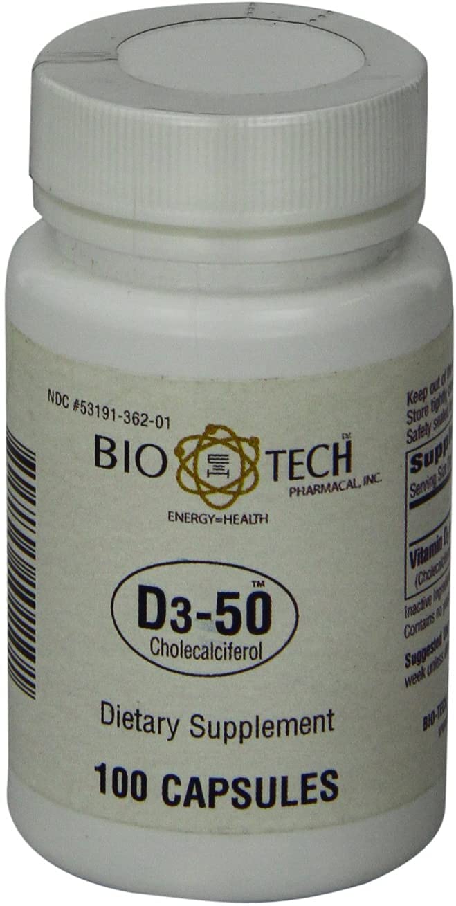 Bio-Tech Pharmacal D3-50, envase seguro; libre de alérgenos comunes y colores artificiales.
