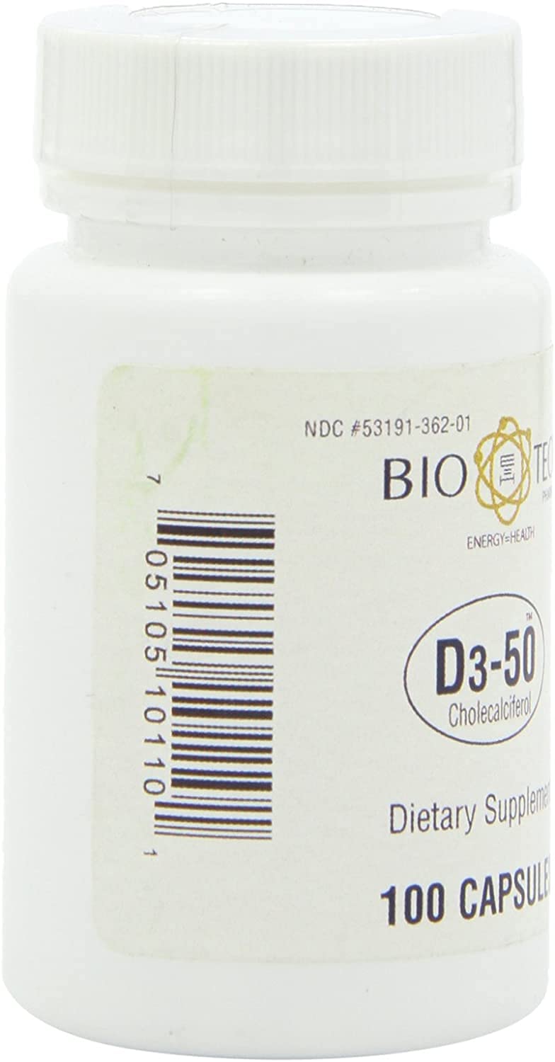 Bio-Tech Pharmacal D3-50, etiqueta clara; información nutricional y alérgenos visibles.