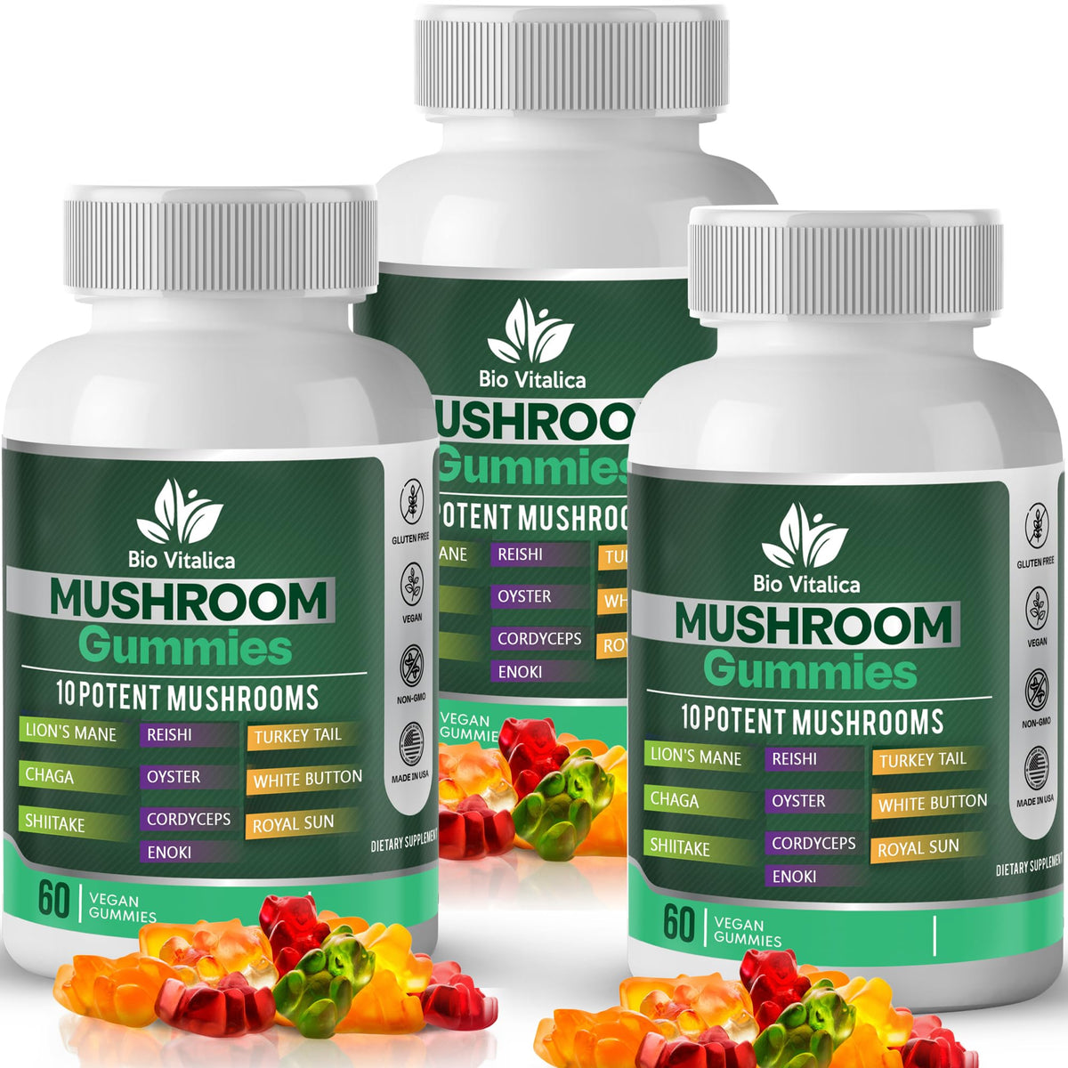 BIO VITALICA gomitas hongos diez componentes, merienda saludable con sabor frutal