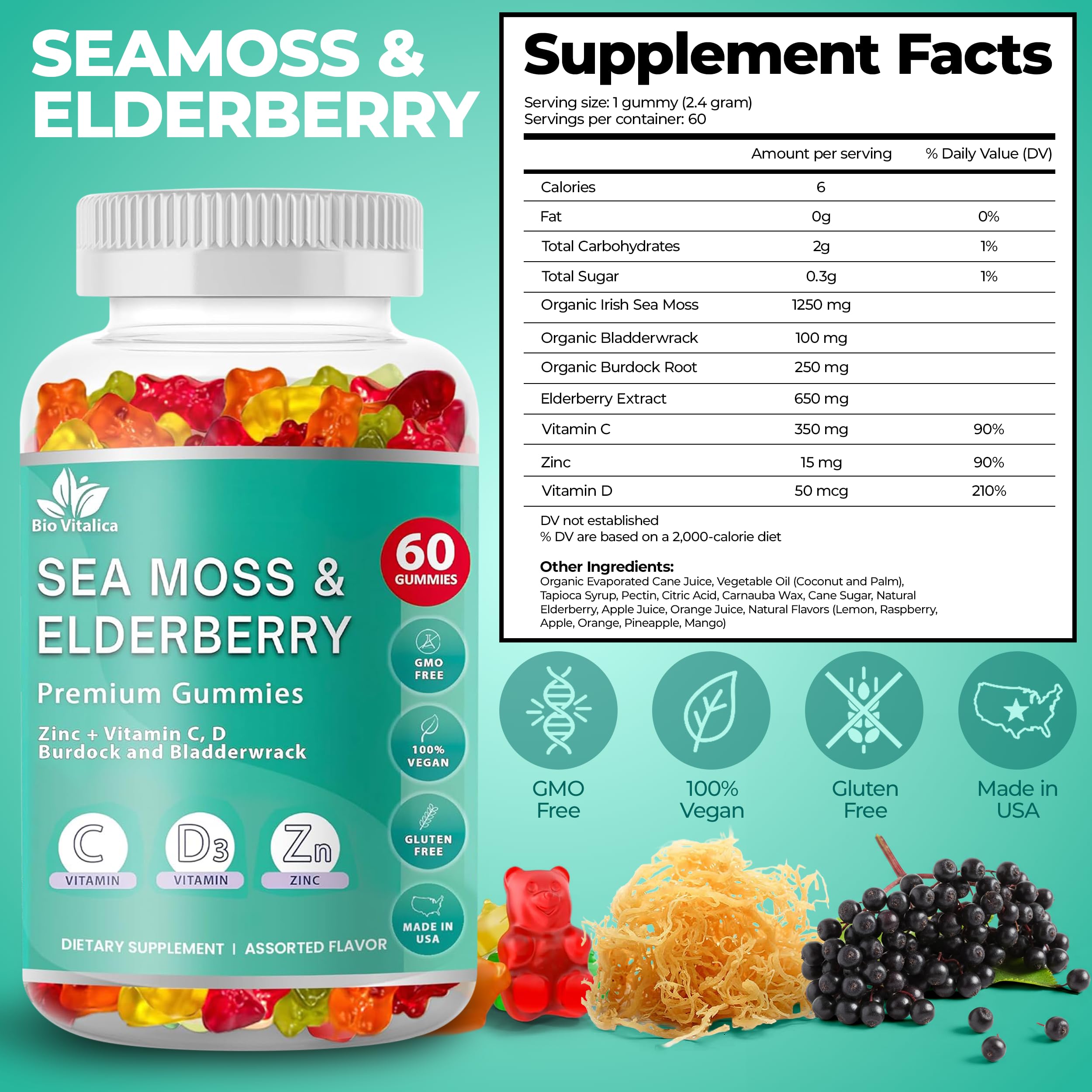 BIO VITALICA gomitas de musgo marino con saúco para el soporte inmunitario