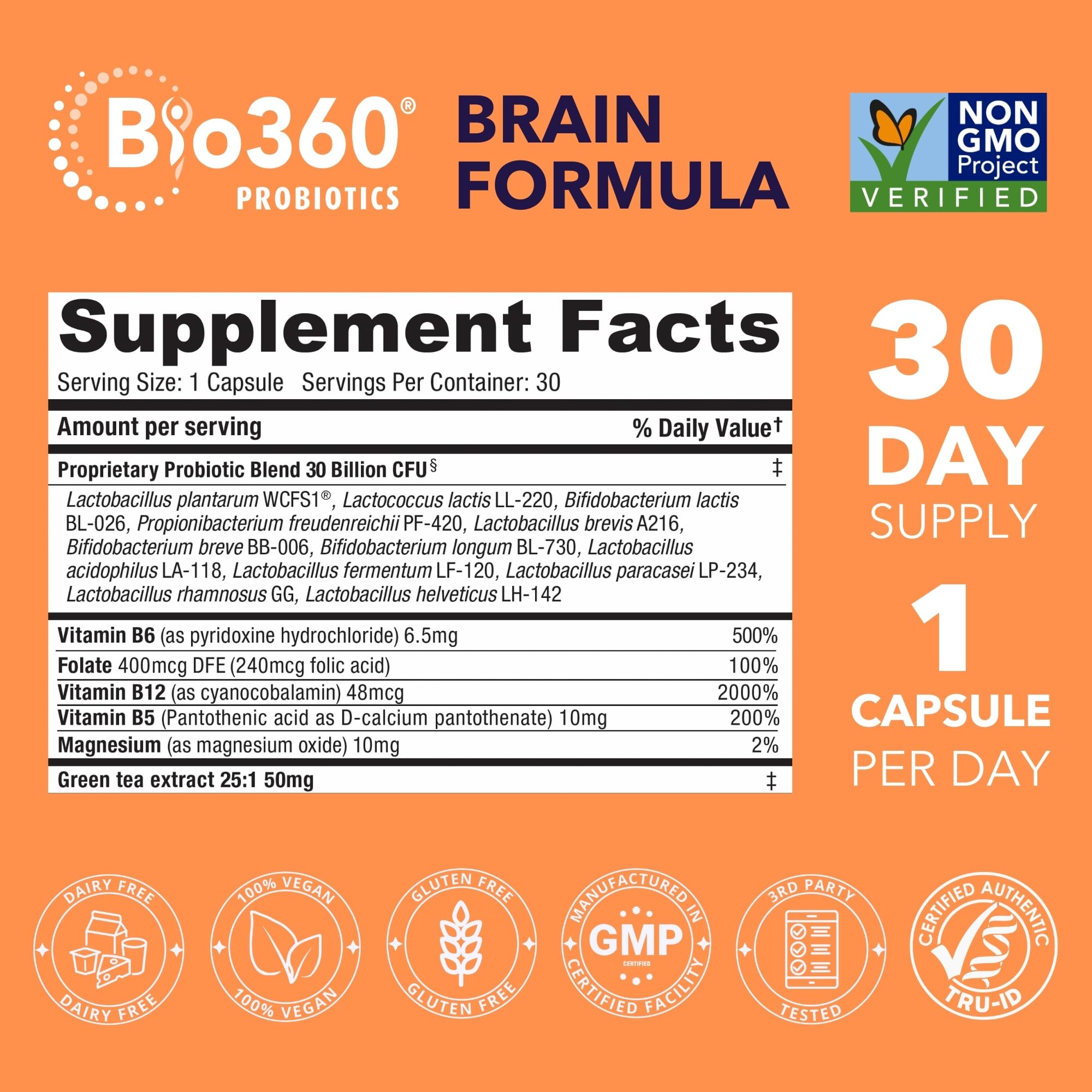 Bio360 Soporte Cognitivo, etiqueta legible, contiene vitaminas B y té verde.