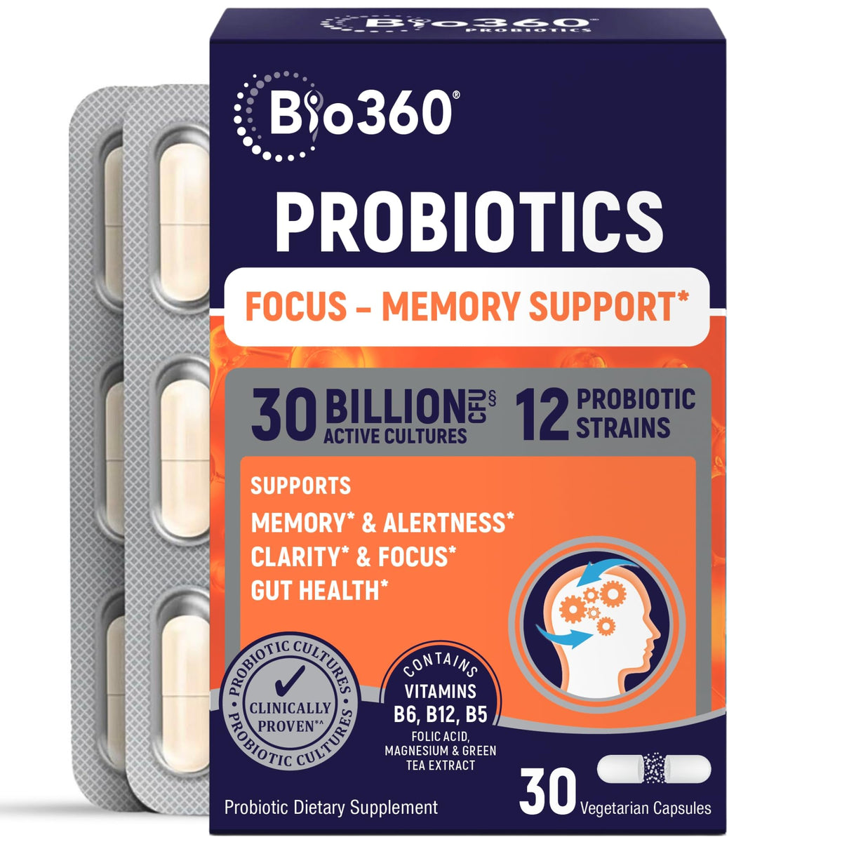 Bio360 Soporte Cognitivo, frente del frasco, posible apoyo a la memoria y enfoque.