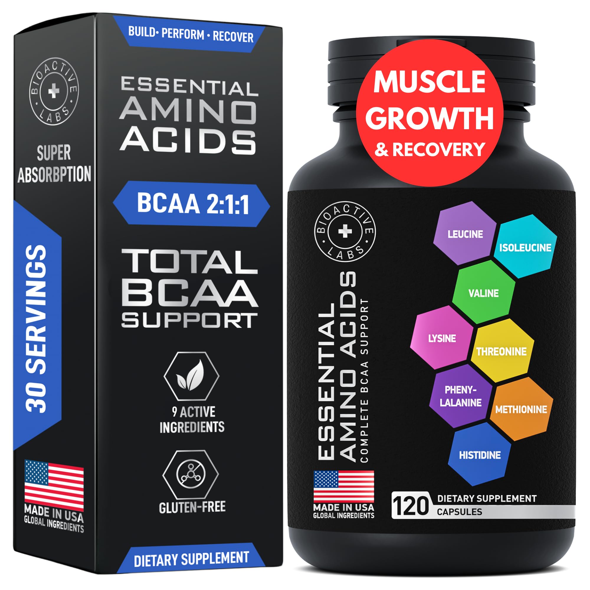 BIOACTIVE LABS botella de cápsulas, apoyo a la recuperación muscular tras entrenos intensos.