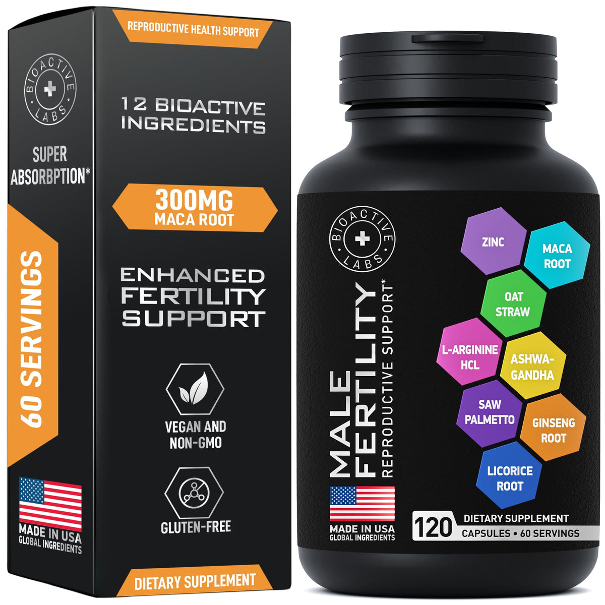 BIOACTIVE LABS fertilidad para hombres: botella de cápsulas para vitalidad diaria.
