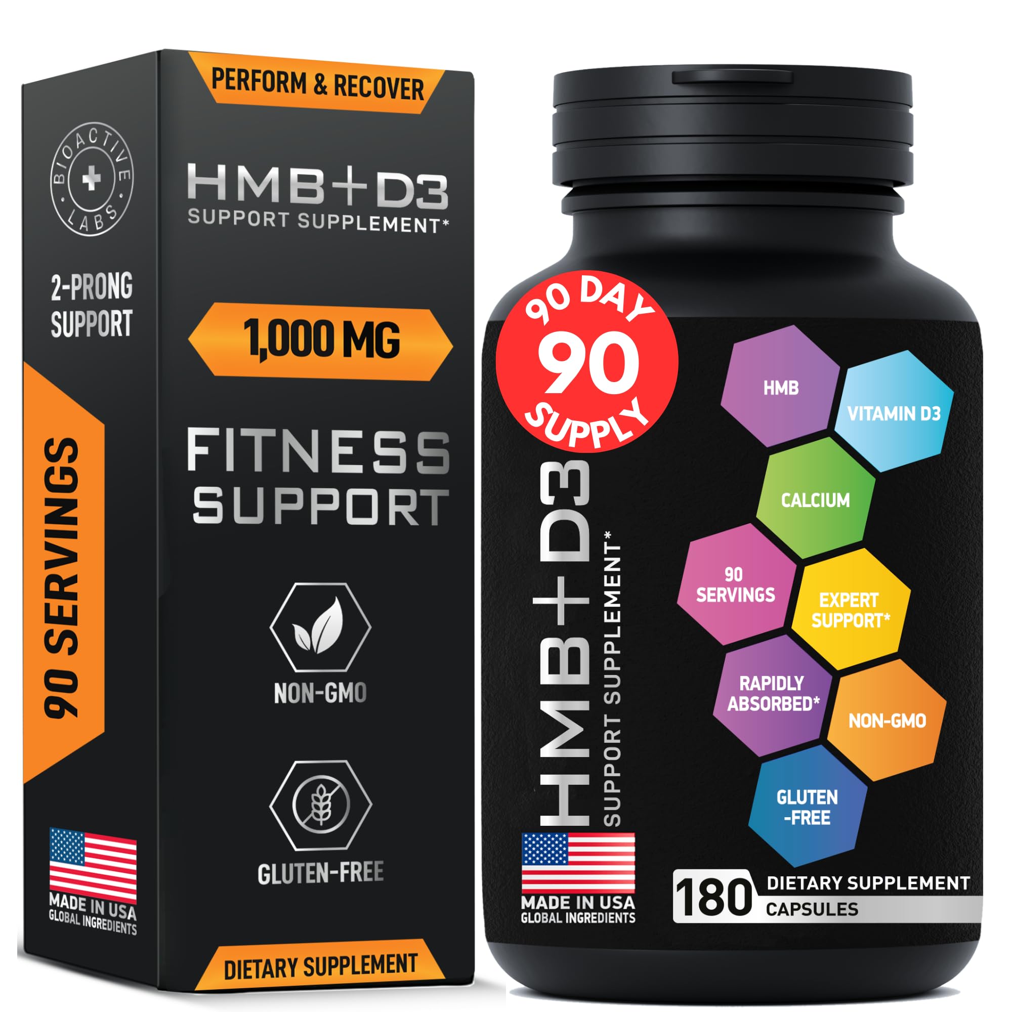 BIOACTIVE LABS HMB+D3: botella frontal para apoyo a la masa magra y recuperación tras entrenos
