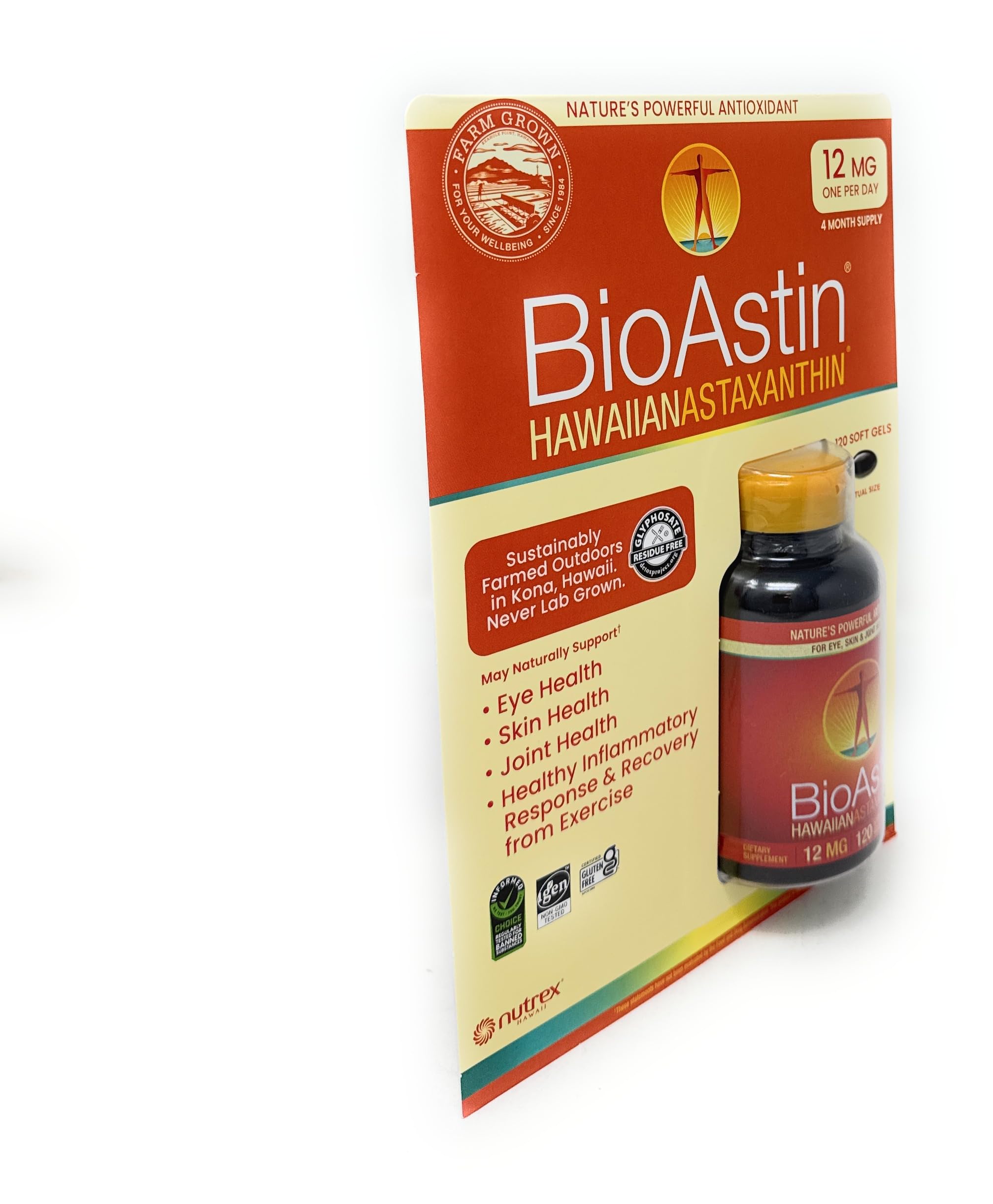 BioAstin Hawaiian Astaxanthin 12 mg etiqueta clara para identificar el suplemento