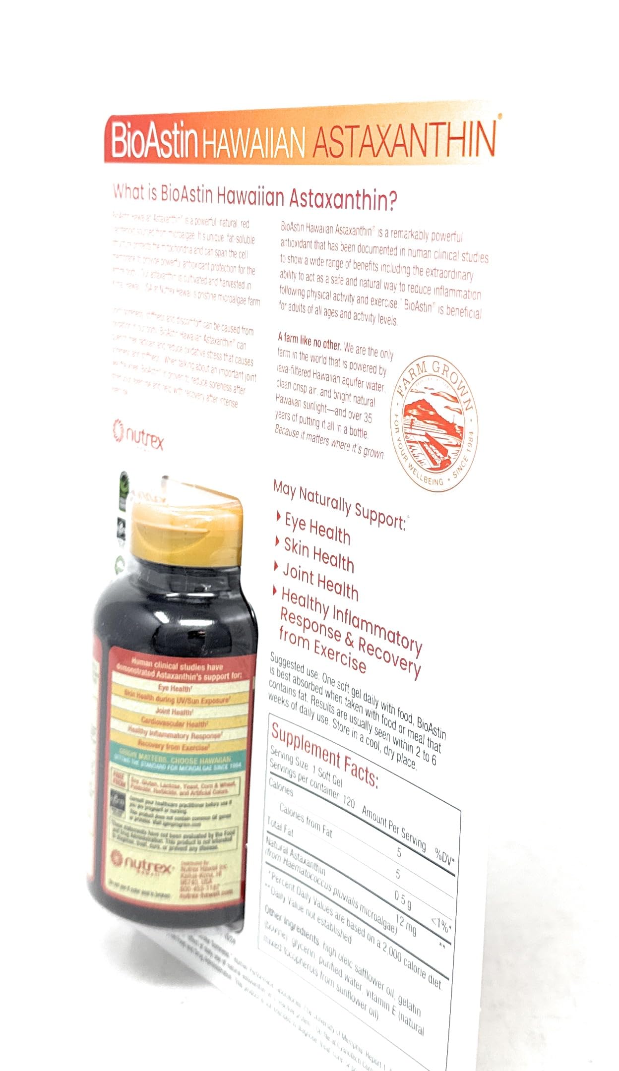 BioAstin Hawaiian Astaxanthin 12 mg frasco abierto mostrando cápsulas para conveniencia diaria