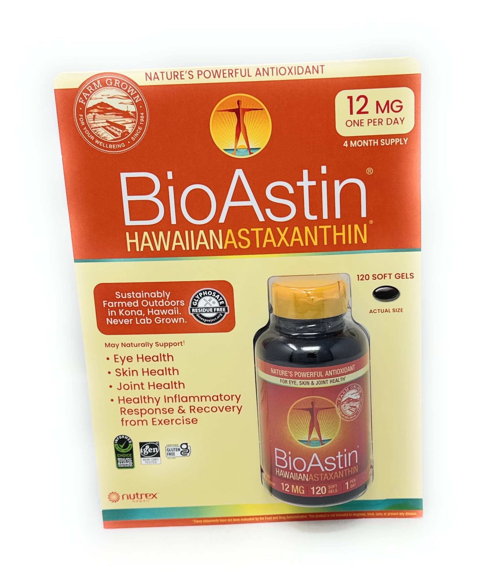 BioAstin Hawaiian Astaxanthin 12 mg frasco con cápsulas para uso diario