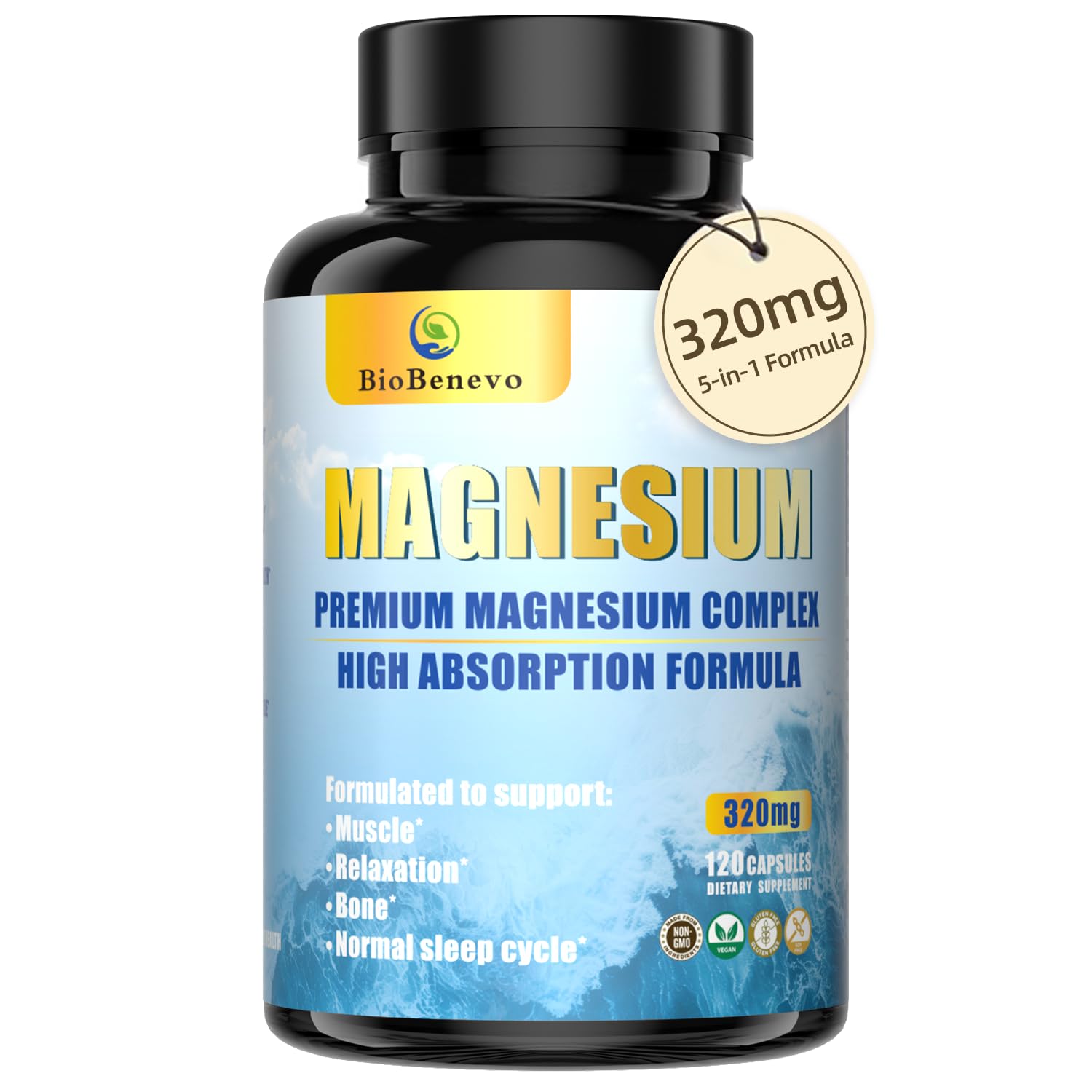 BioBenevo Complejo de Magnesio 5-en-1: frasco de cápsulas para sueño y energía.
