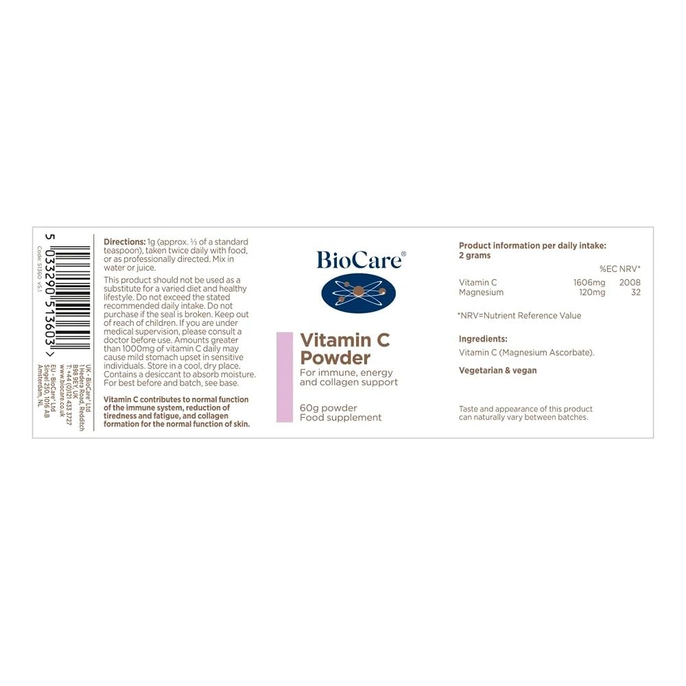 BIOCARE Vitamina-C etiqueta nutricional, guía de aporte diario