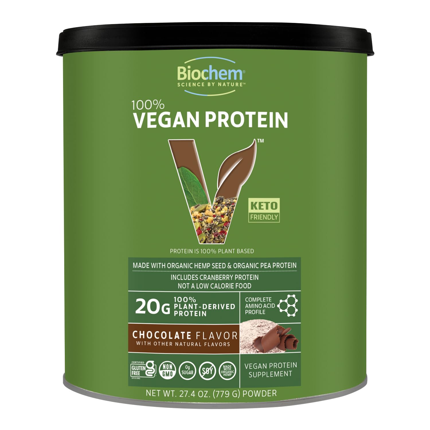 Biochem proteína vegetal chocolate envase, fuente de 20 g por porción para recuperación