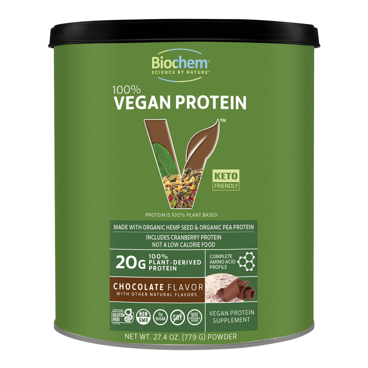 Biochem proteína vegetal chocolate envase, fuente de 20 g por porción para recuperación
