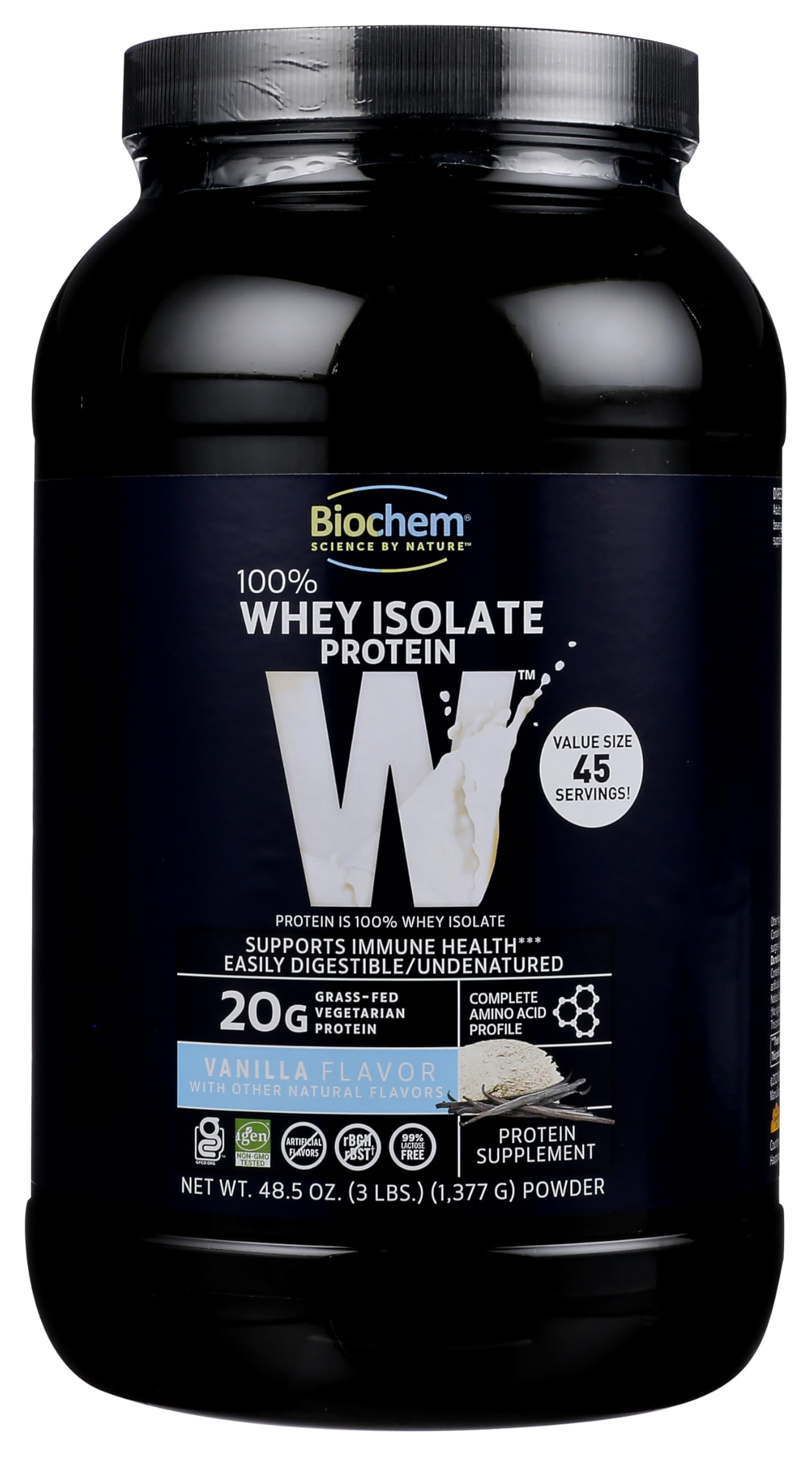 Biochem Whey Isolate envase de vainilla para uso diario y nutrición equilibrada.