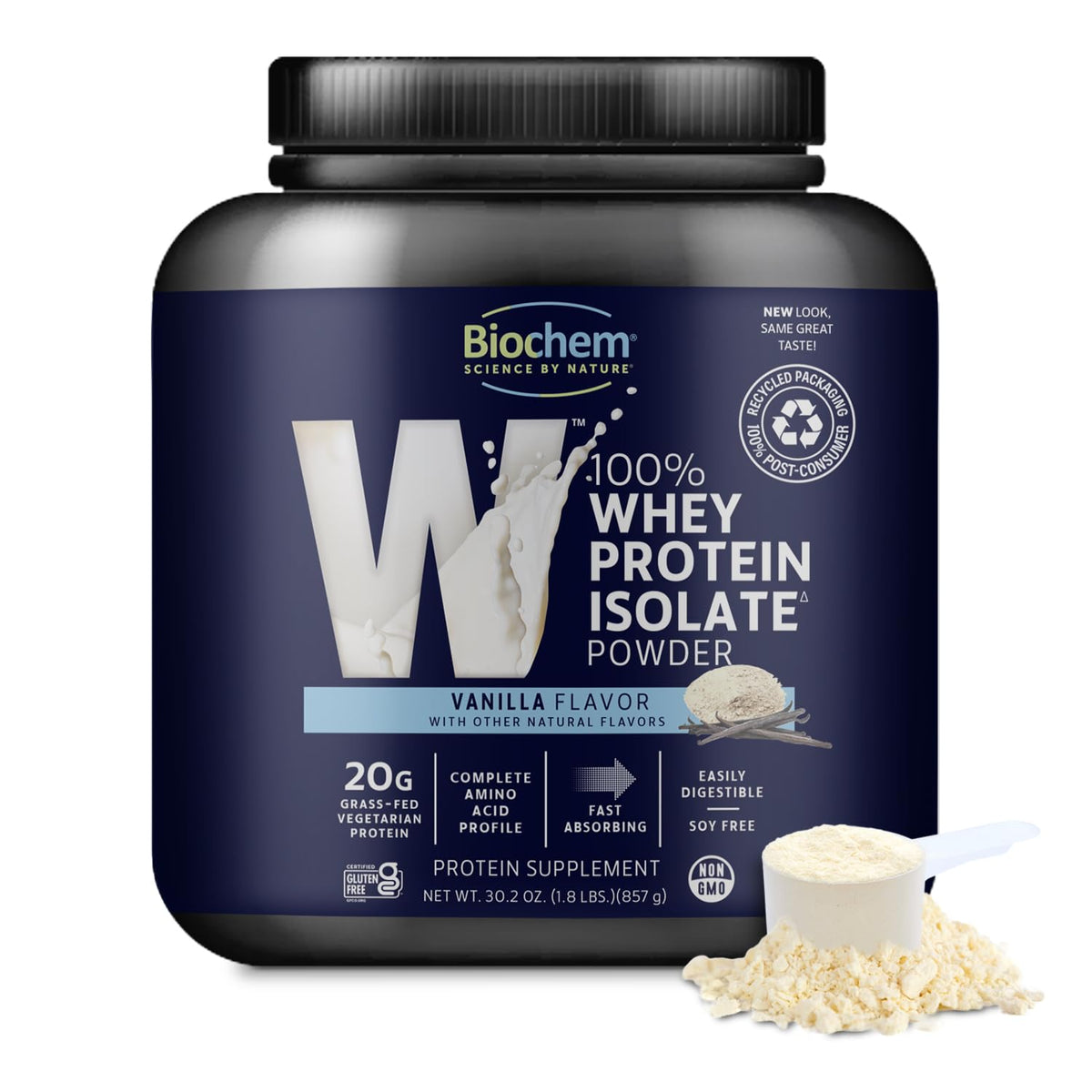 Biochem proteína de suero aislada vainilla en bote, ideal para entrenamiento diario.