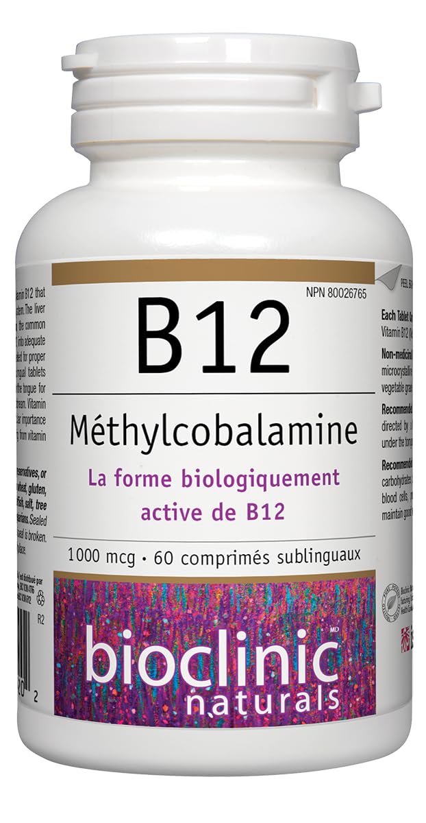 Bioclinic Naturals B12 metilcobalamina 1000 mcg 60 loz, etiqueta clara con dosis legible.