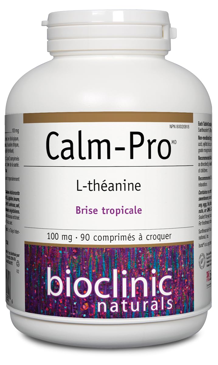 Calm Pro, enfoque en té y L-teanina, muestra de ingredientes clave para relajación.