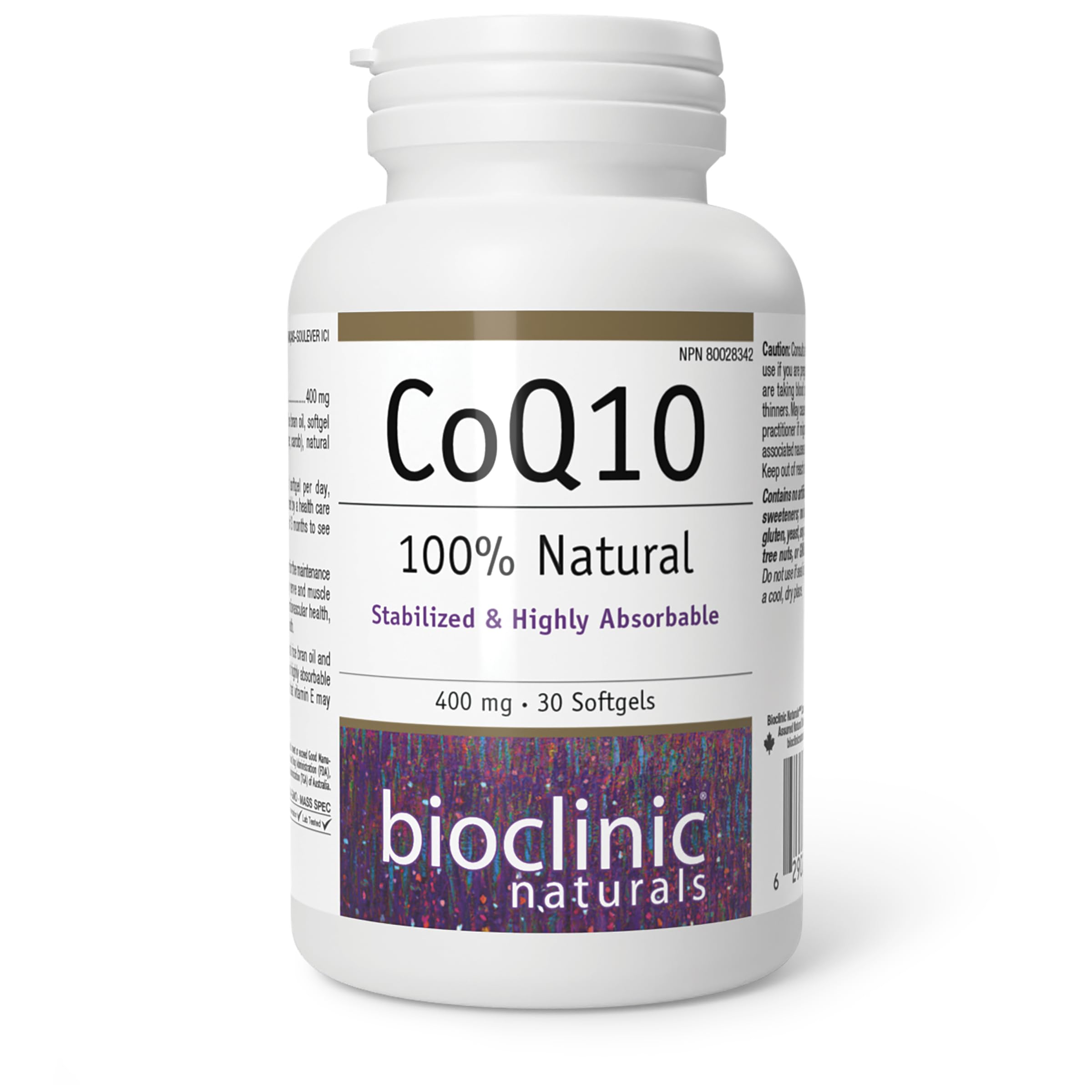 Bioclinic Naturals CoQ10 400 mg, botella; posible apoyo a la salud cardiovascular.