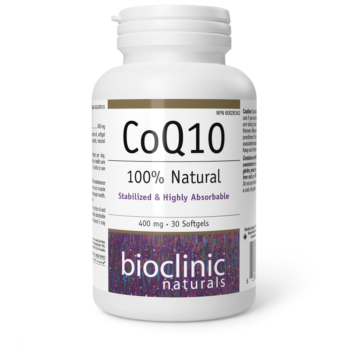 Bioclinic Naturals CoQ10 400 mg, botella; posible apoyo a la salud cardiovascular.