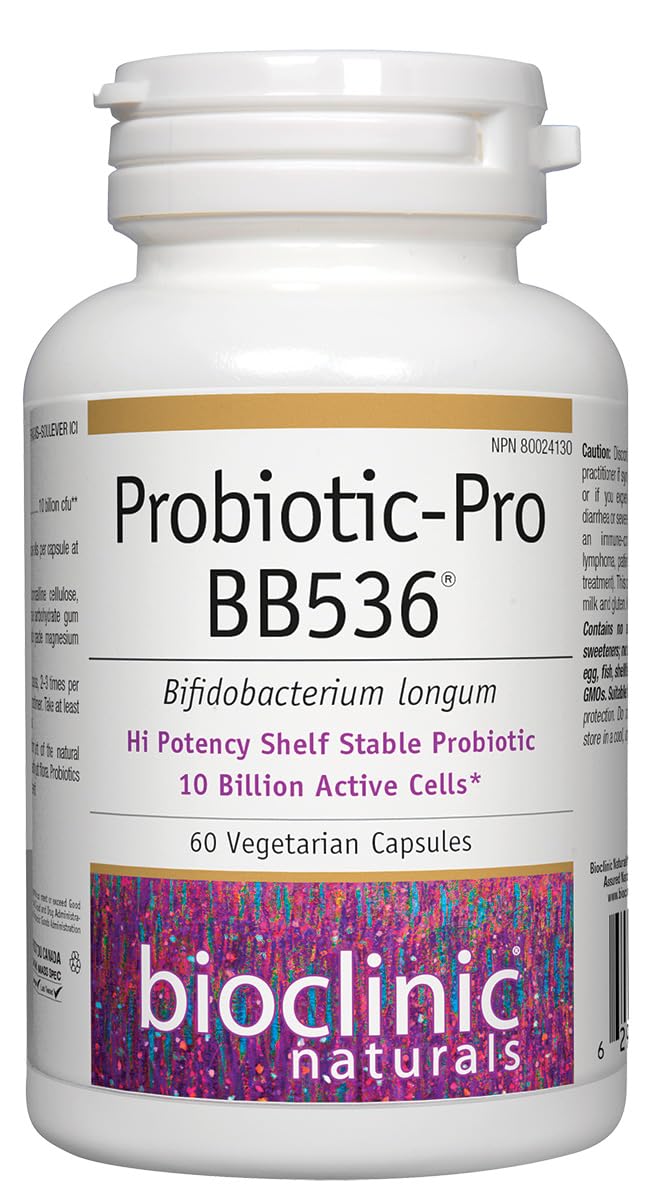 Bioclinic Naturals Pro Bb536 frasco de 60 cápsulas veganas para uso diario.