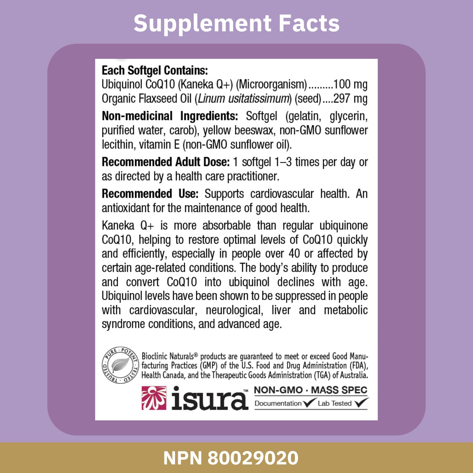 Bioclinic Naturals Ubiquinol: etiqueta frontal clara de calidad