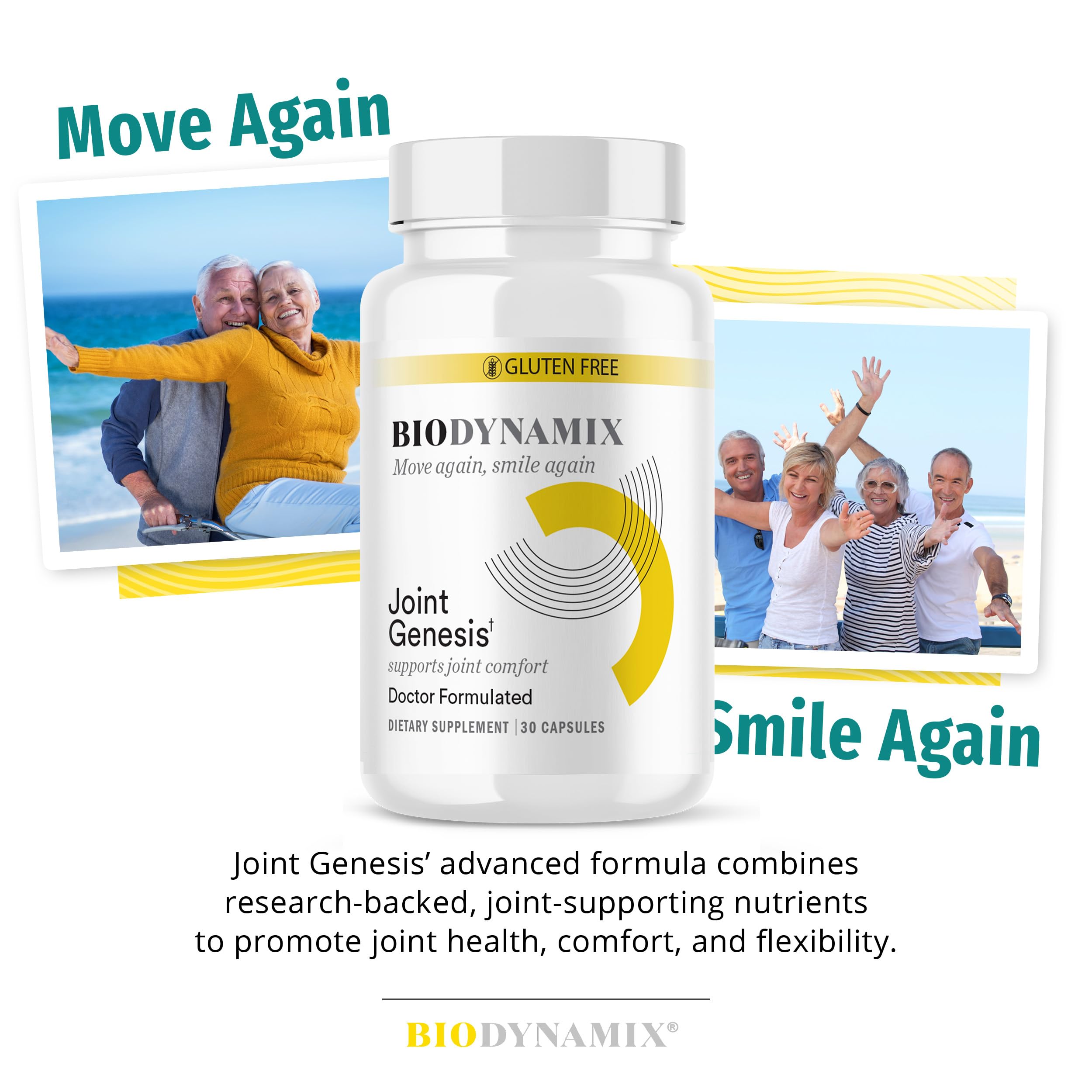 BioDynamix Joint Genesis, cápsulas apiladas, consumo diario fácil para flexibilidad.