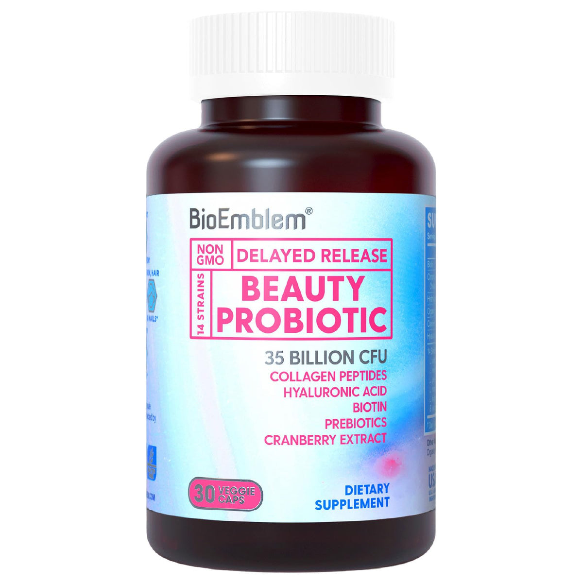 BioEmblem Beauty Probiotics en botella para apoyo digestivo y piel radiante