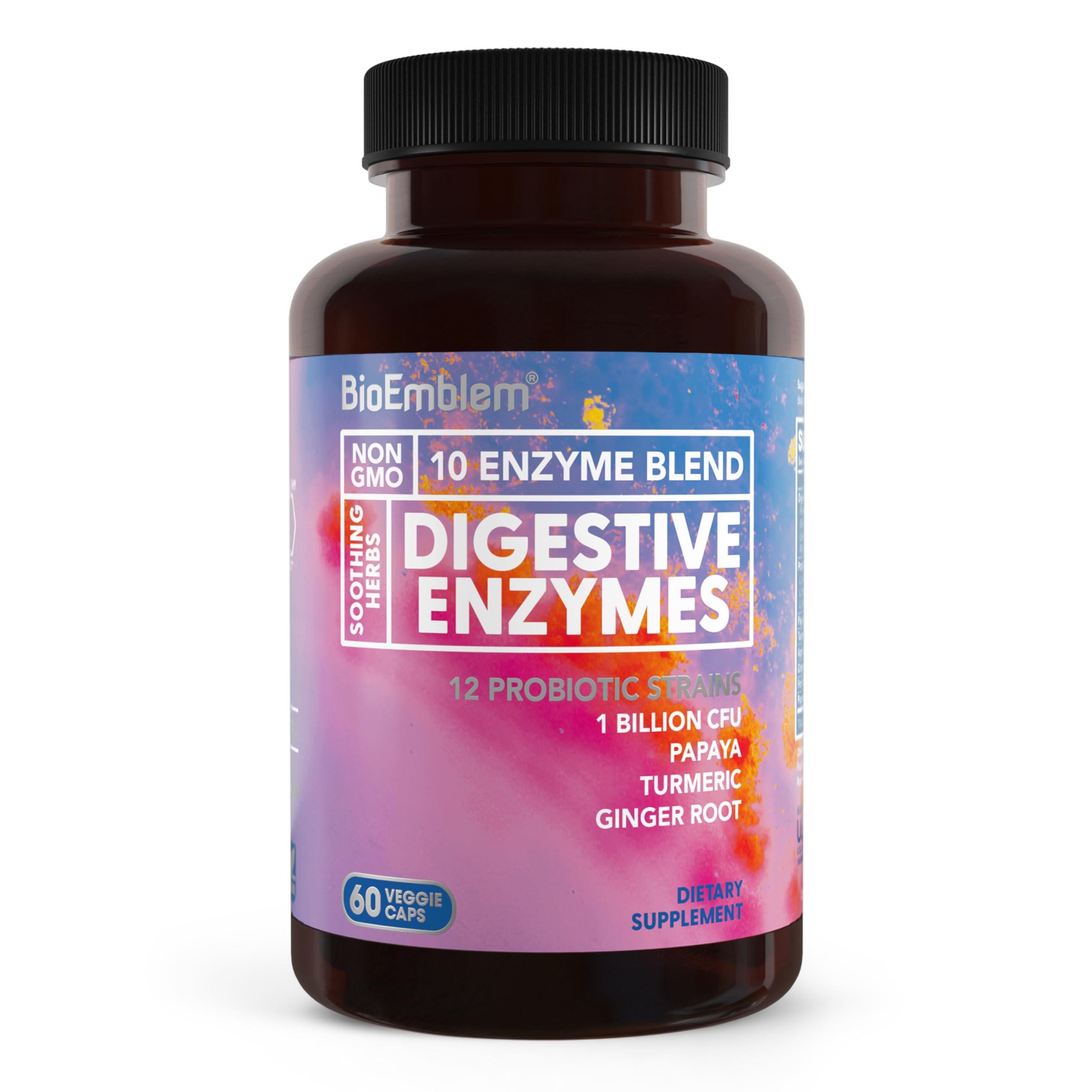 BioEmblem Digestive Enzymes: botella con cápsulas para apoyo digestivo tras comidas.