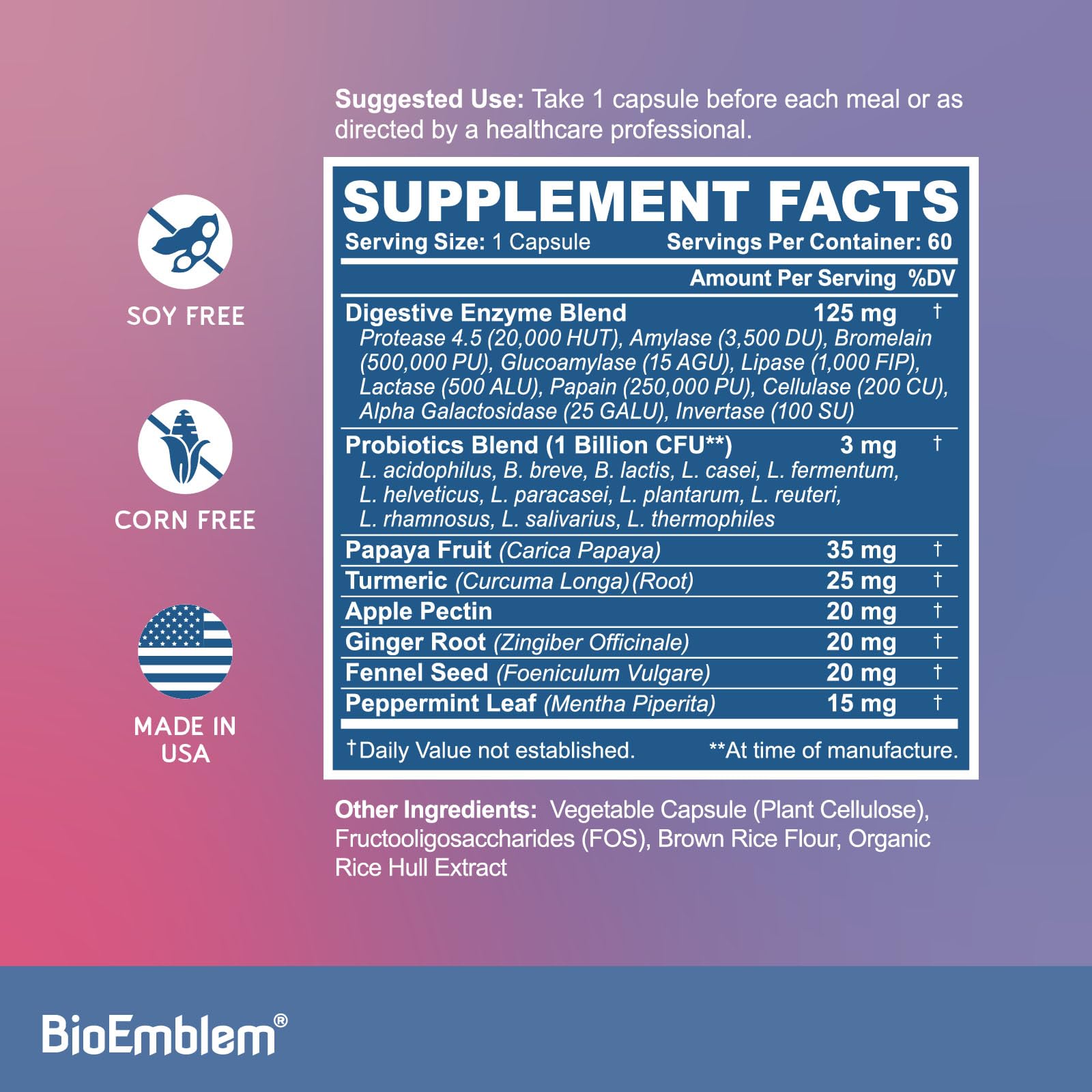 BioEmblem Digestive Enzymes: cápsulas para descomponer carbohidratos y grasas tras cada comida.