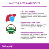 BioEmblem etiqueta mostrando ingredientes clave para limpieza hepática