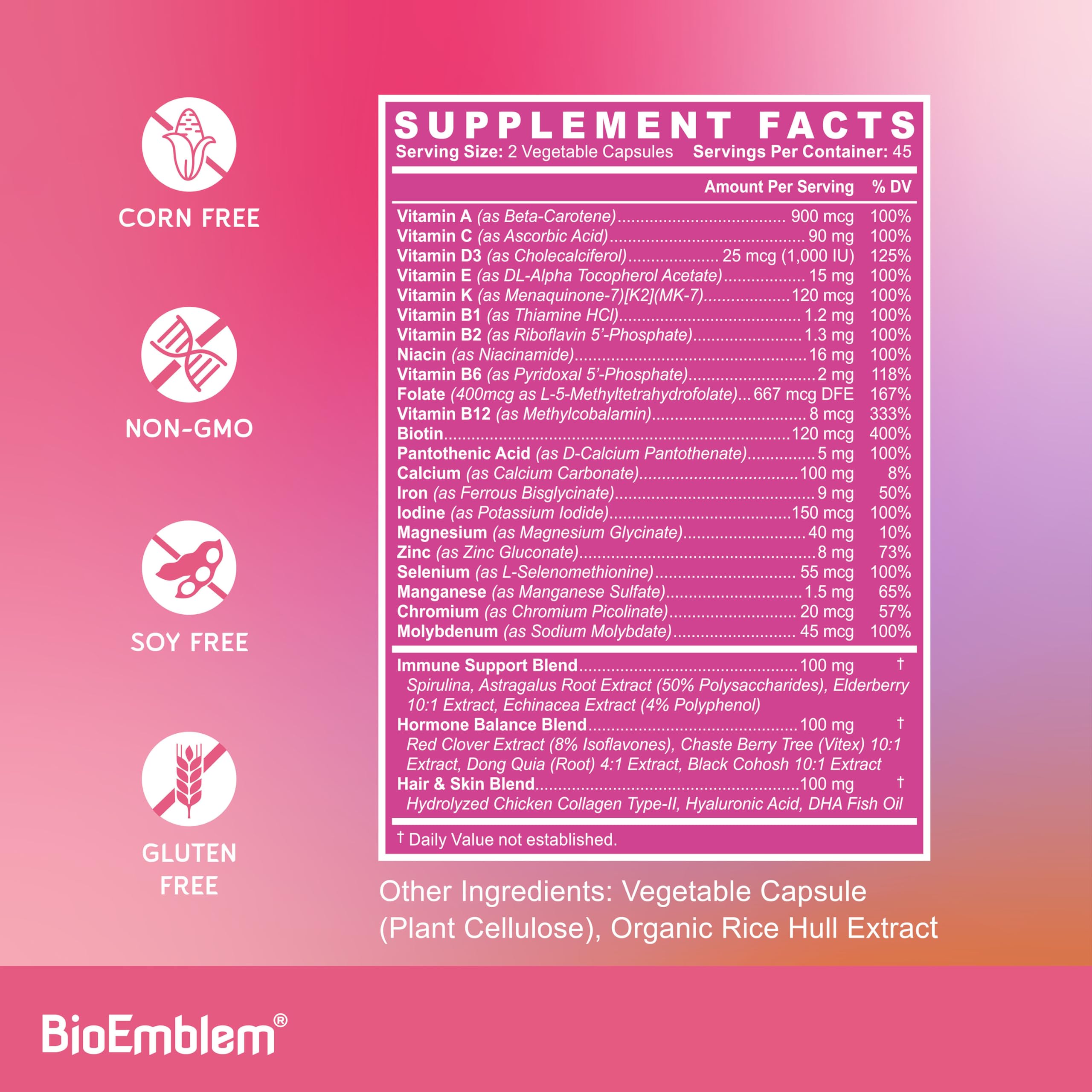 Caja BioEmblem multivitaminas mujeres, empaque profesional y claro