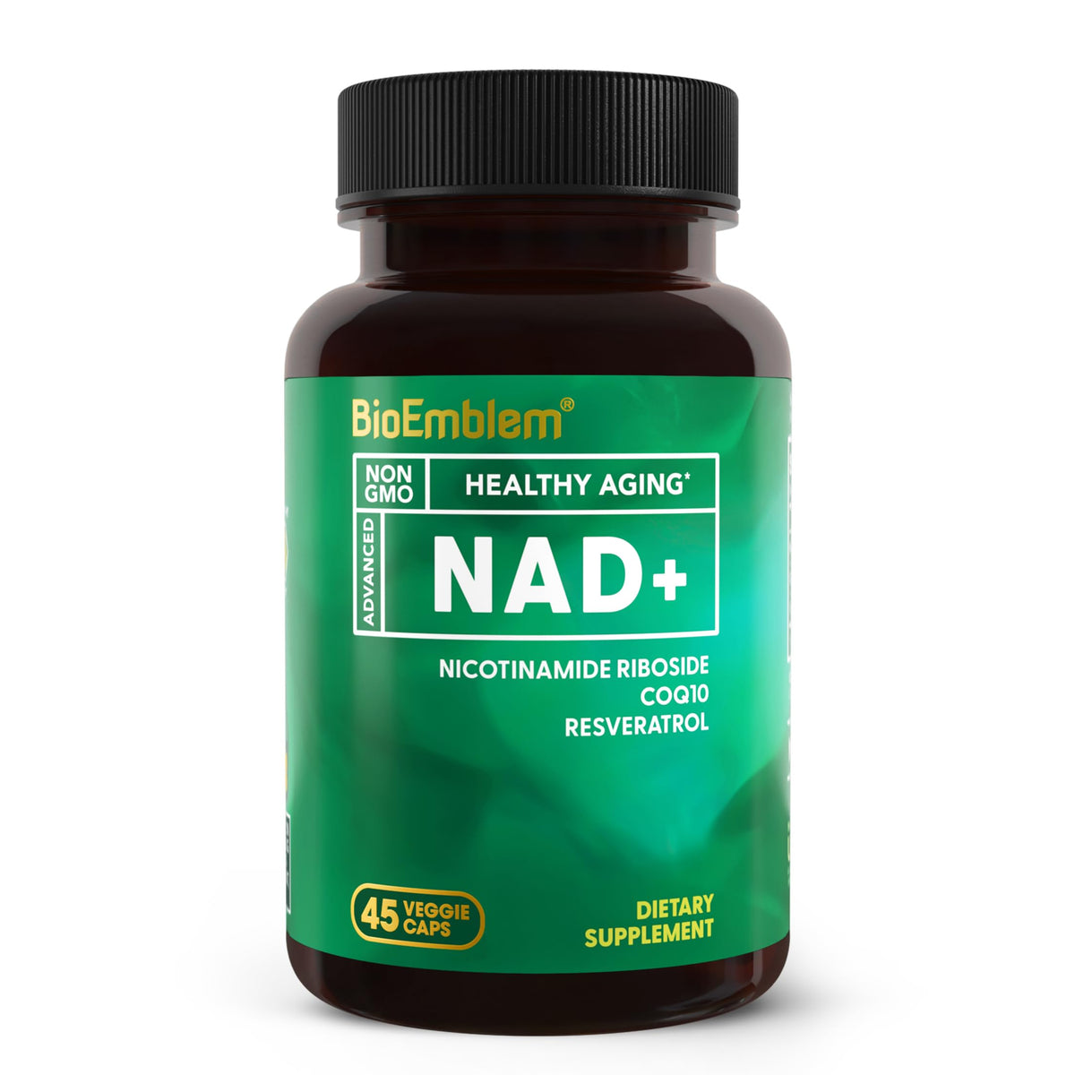 BioEmblem NAD+ cápsulas en botella, posible apoyo a la energía diaria