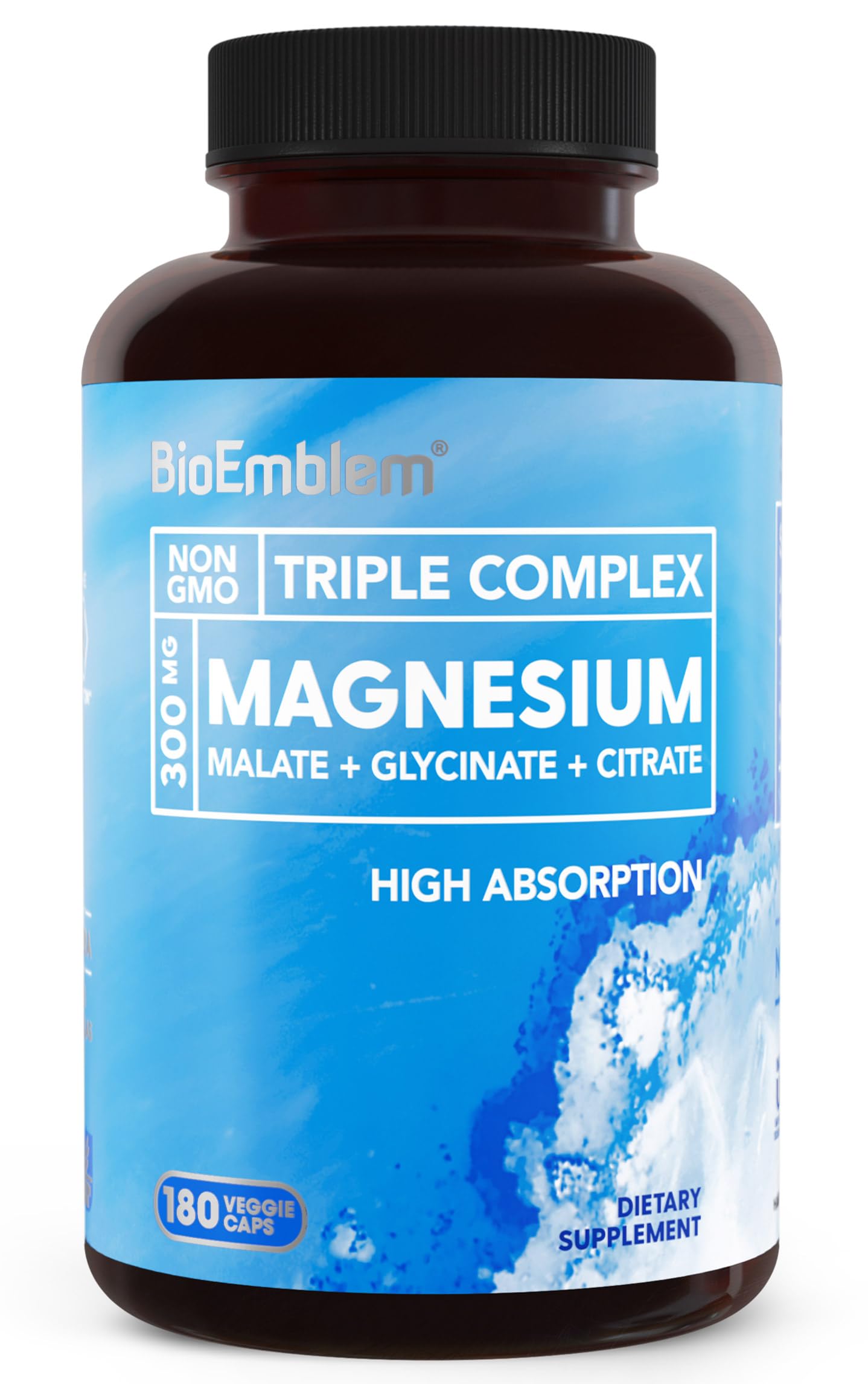 BioEmblem Complejo de Magnesio Triple, botella visible para absorción eficiente.