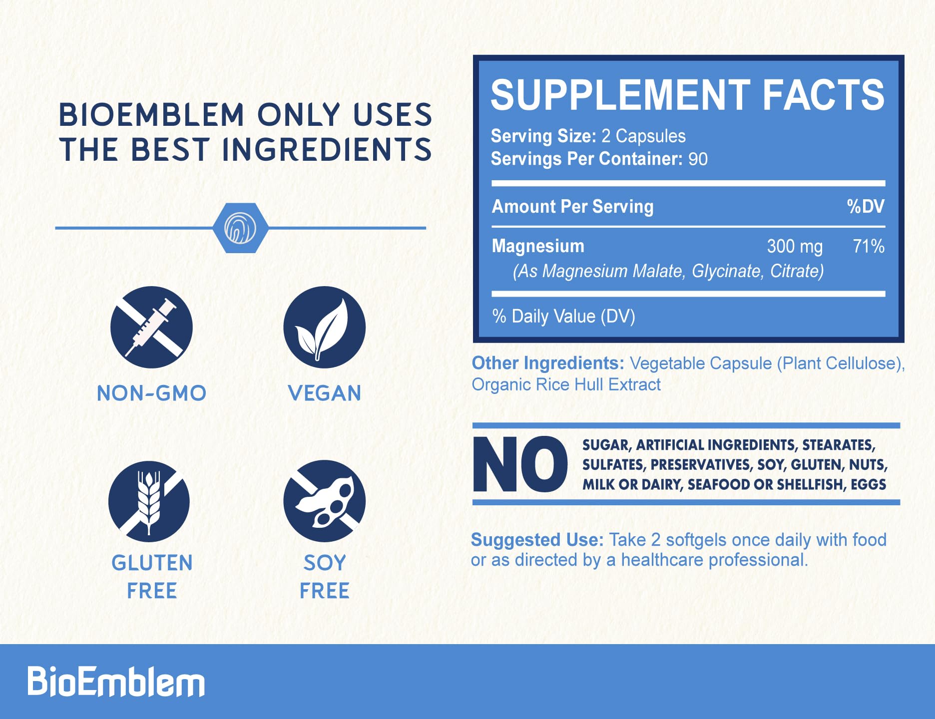 BioEmblem Complejo de Magnesio Triple, cápsulas fáciles de digerir para apoyo nervioso y muscular.