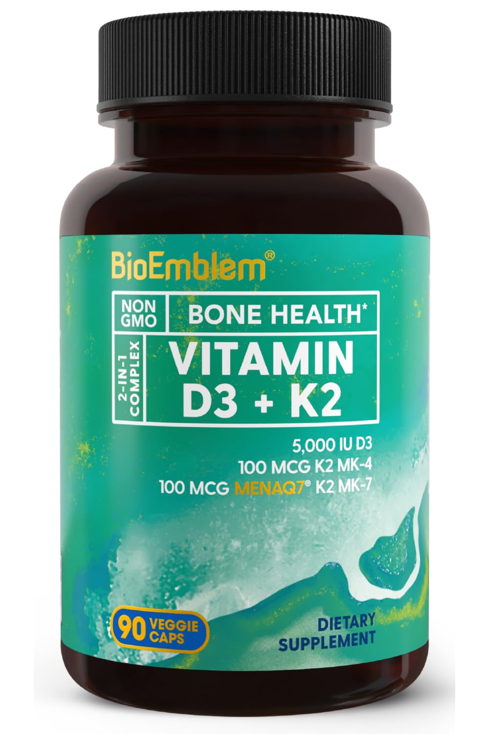 BioEmblem D3 K2 cápsulas en botella para apoyo diario de dientes y corazón.