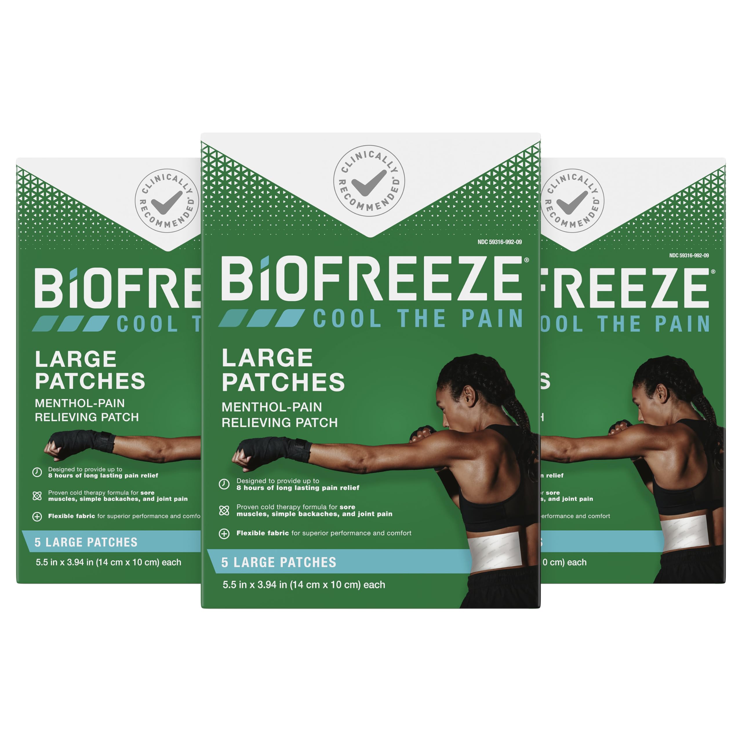 Biofreeze Parches Mentol: aplicación fácil para alivio localizado en músculos tensos.