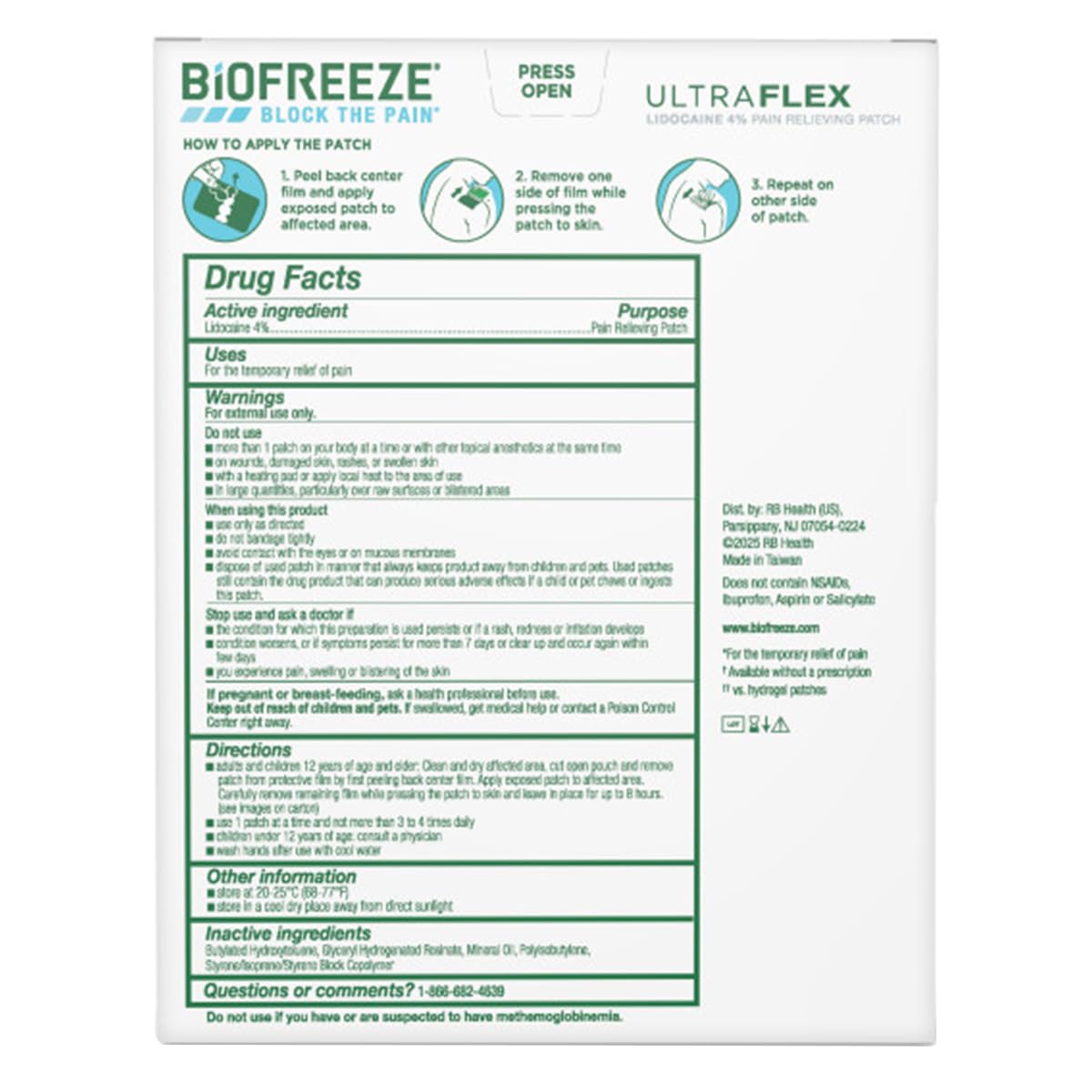 Parche Biofreeze UltraFlex lidocaína: duración de uso de hasta 8 horas.