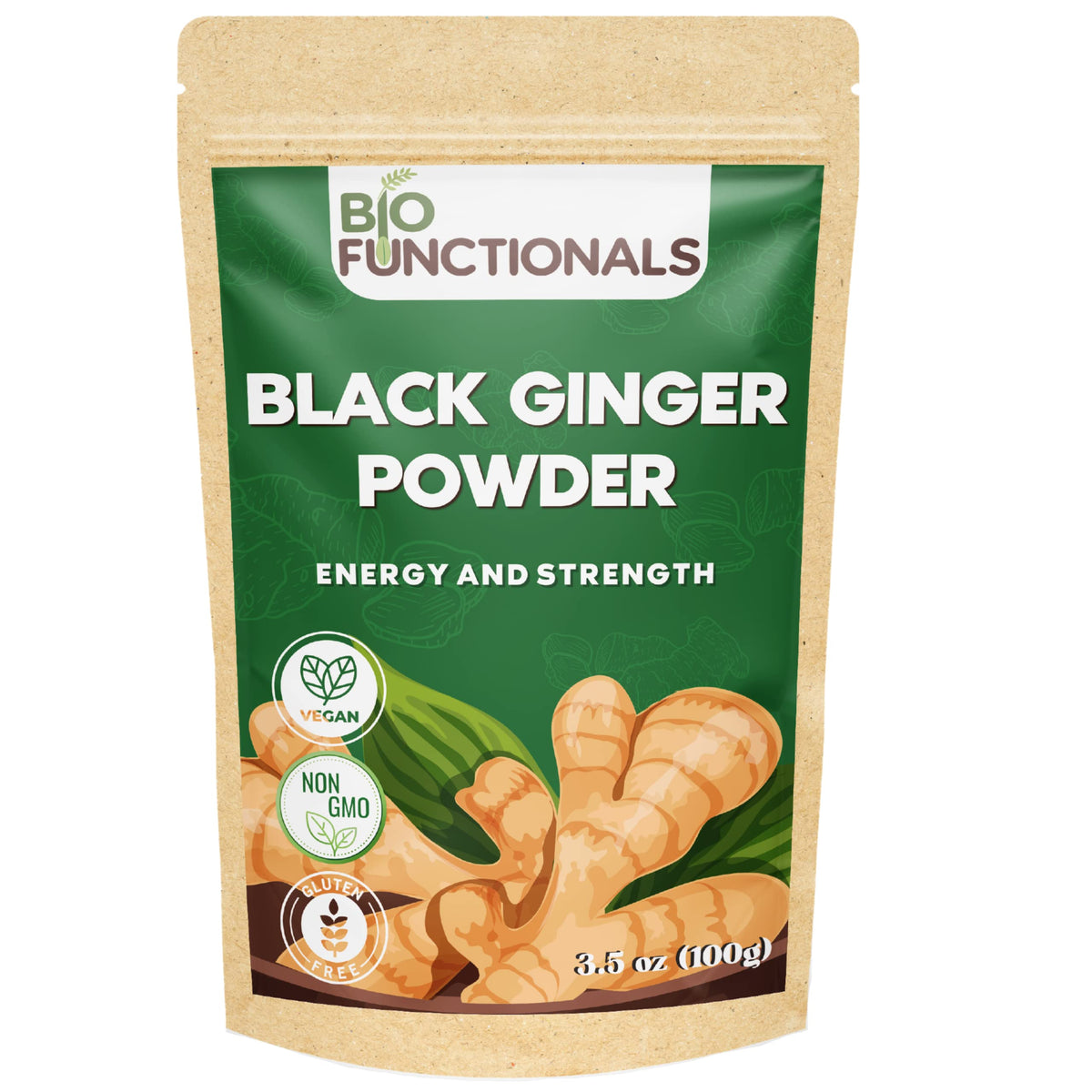 Biofunctionals: polvo de jengibre negro en botella, ideal para batidos rápidos.