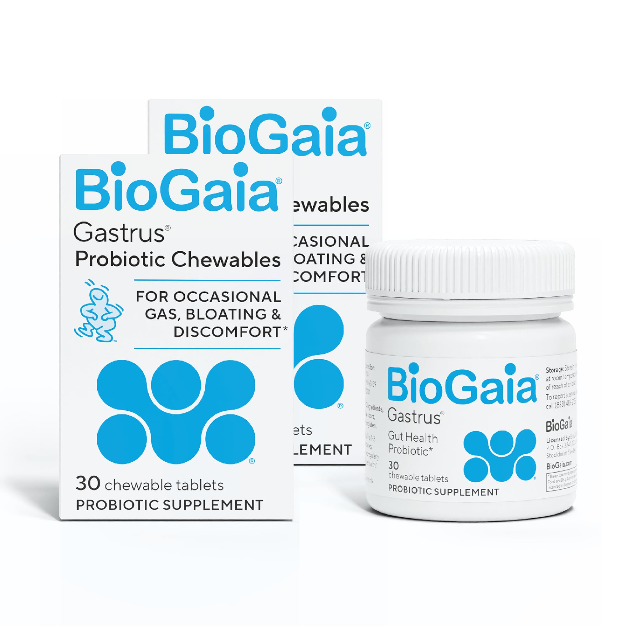 BioGaia Gastrus, botella en mano, apoyo a la regularidad intestinal.