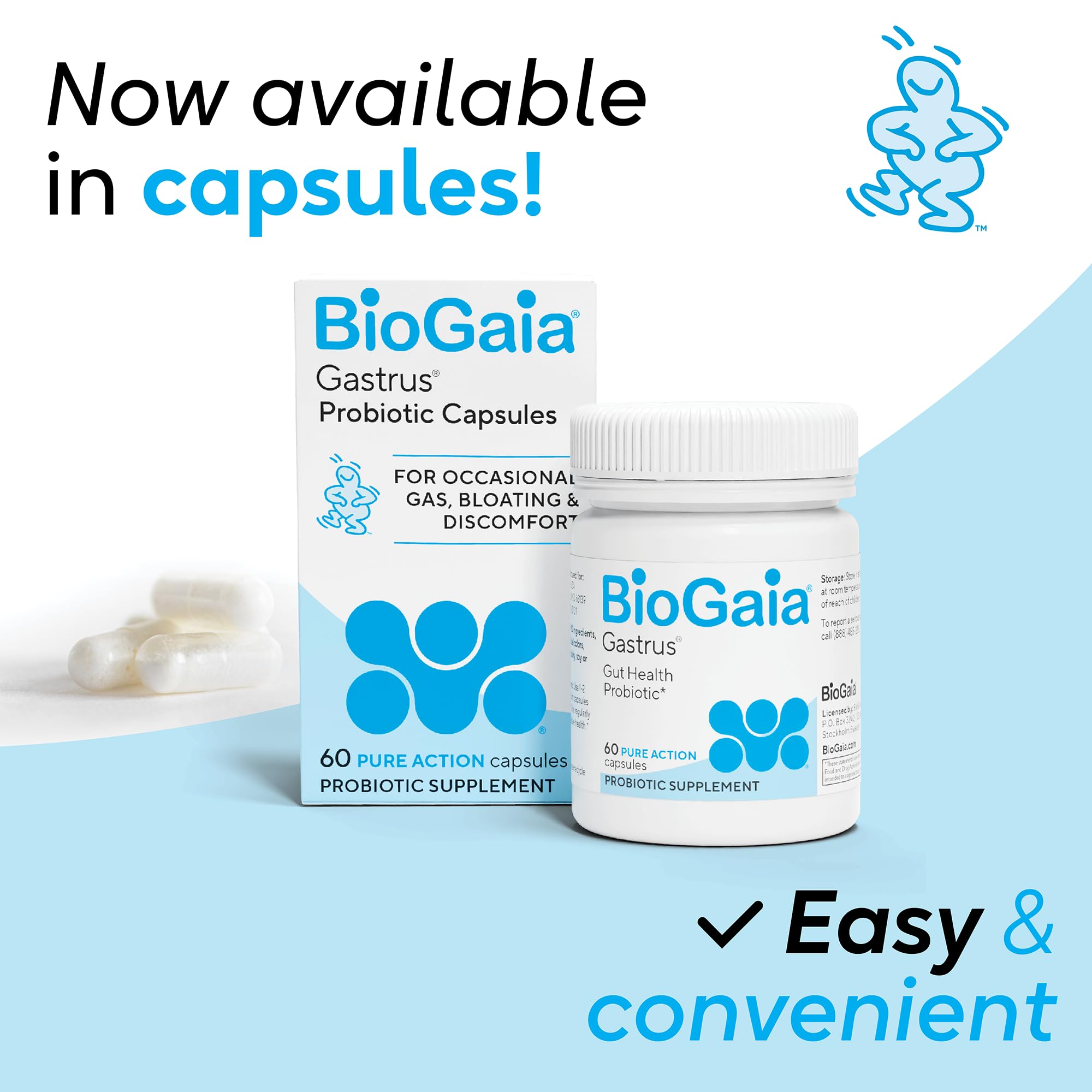 BioGaia Gastrus botella mostrando dosis diaria para equilibrio intestinal.