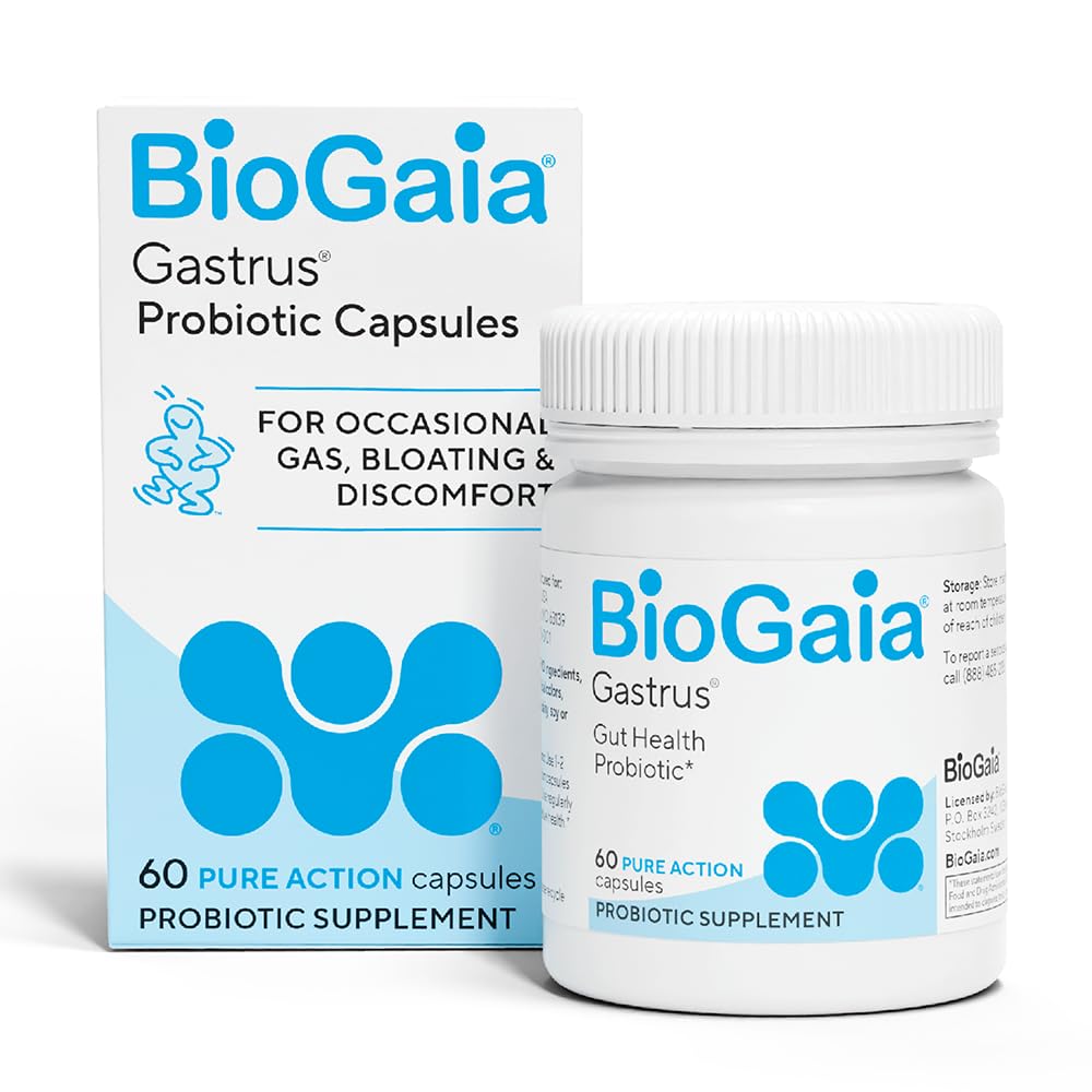 BioGaia Gastrus cápsulas en frasco para soporte digestivo diario.