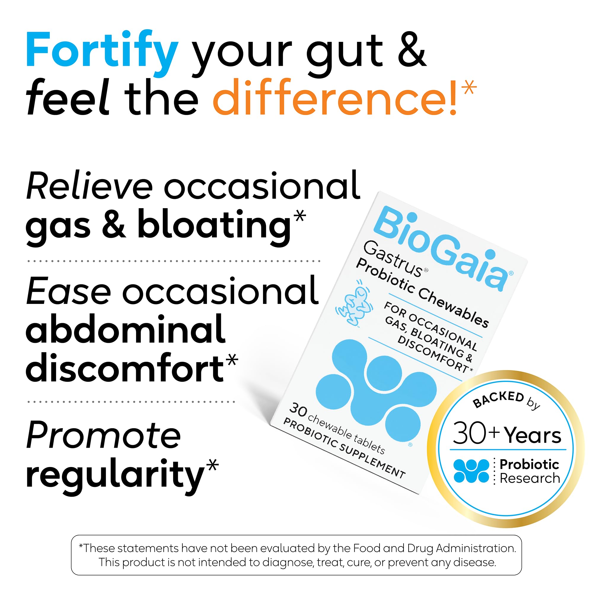 BioGaia Gastrus, caja frontal: dos cepas patentadas que apoyan el equilibrio del sistema gastrointestinal.