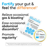 BioGaia Gastrus, caja frontal: dos cepas patentadas que apoyan el equilibrio del sistema gastrointestinal.