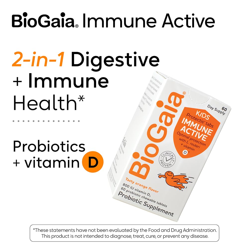BioGaia Immune Active Kids bote de 60 dosis para uso diario.