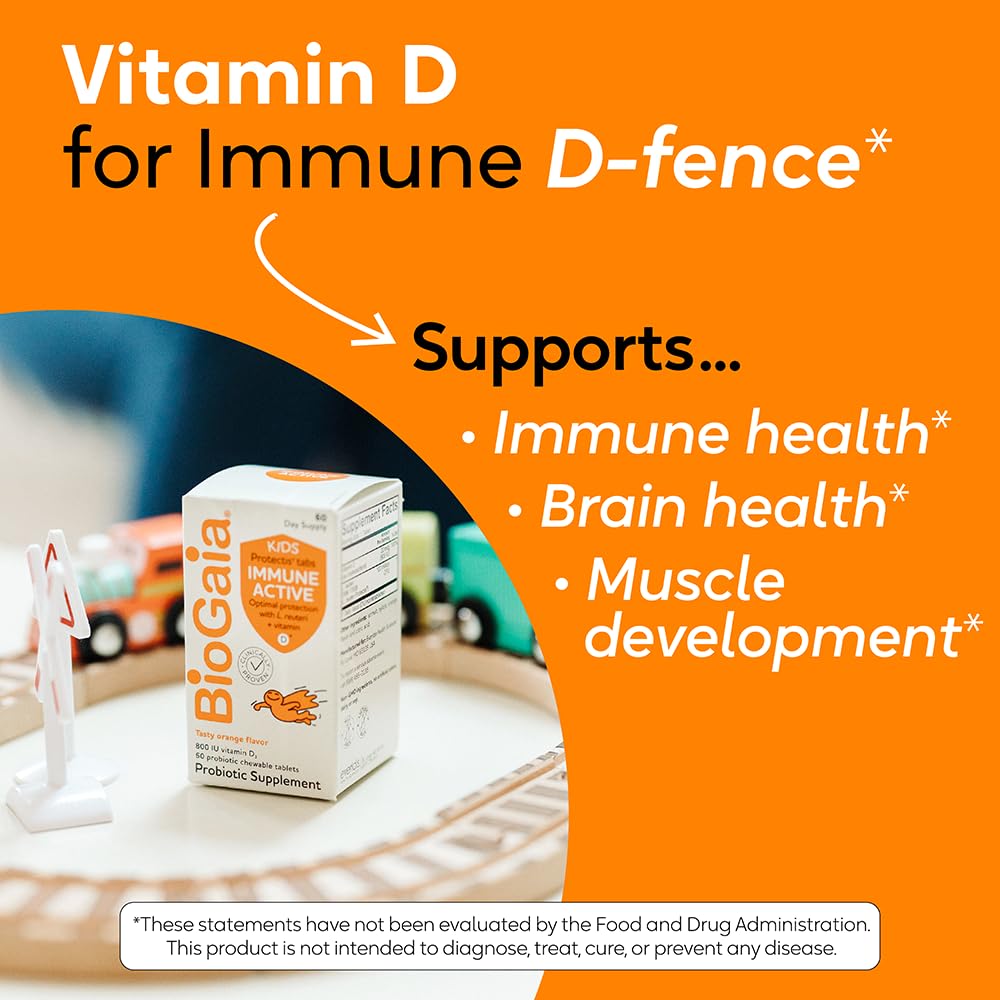 BioGaia Immune Active Kids etiqueta y empaque visibles para claridad de ingredientes.