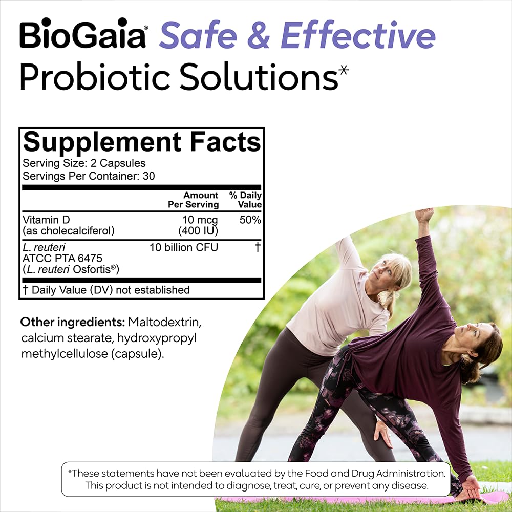 BioGaia Osfortis escena en mesa de baño para GI wellness.
