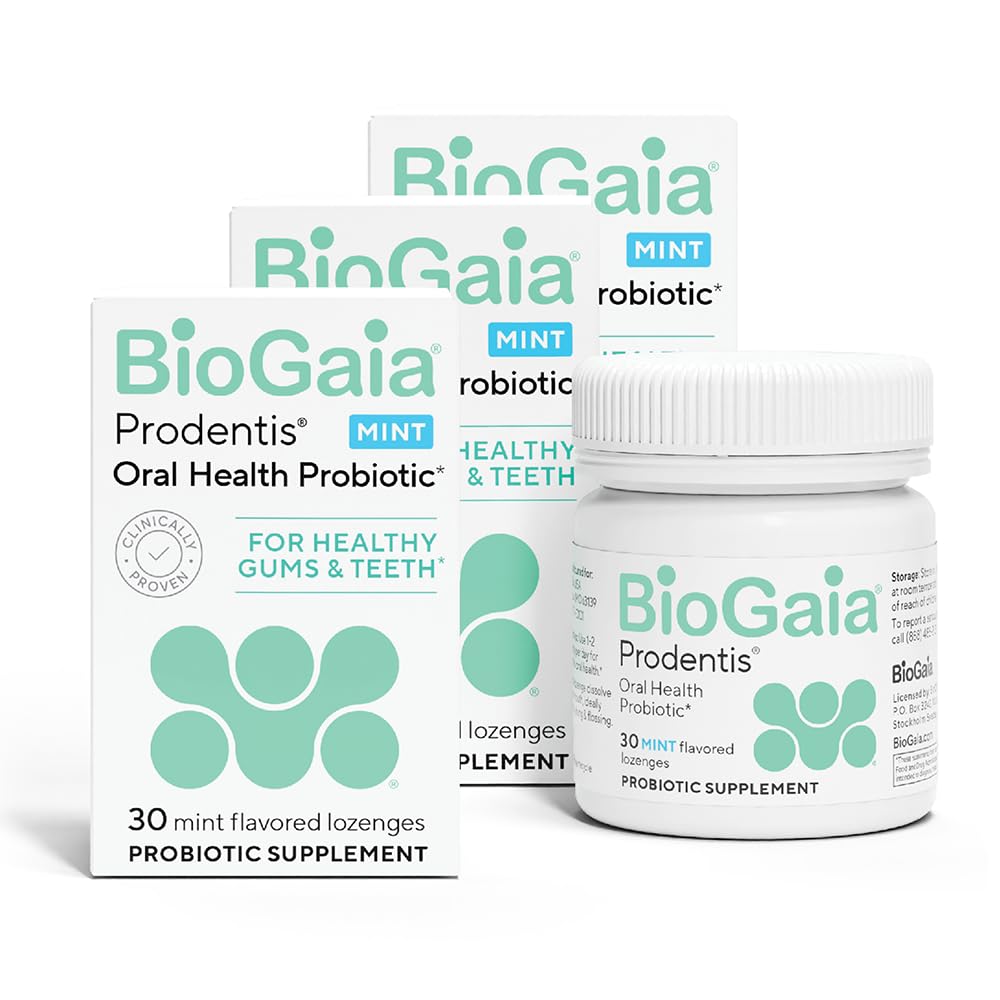 BioGaia Prodentis pack de tres pastillas de menta para el cuidado bucal.