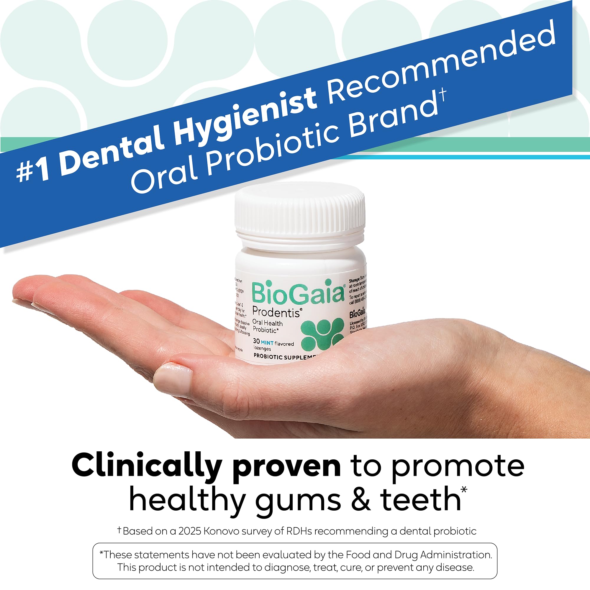 BioGaia Prodentis pastillas probióticas dentales para apoyar la higiene diaria.