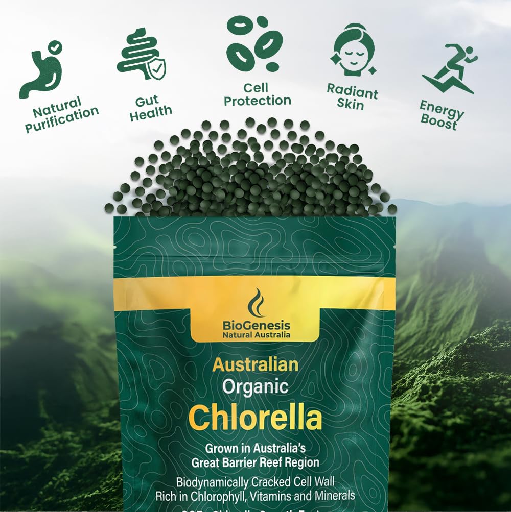 Biogenesis Clorella, etiqueta australiana que resalta pureza