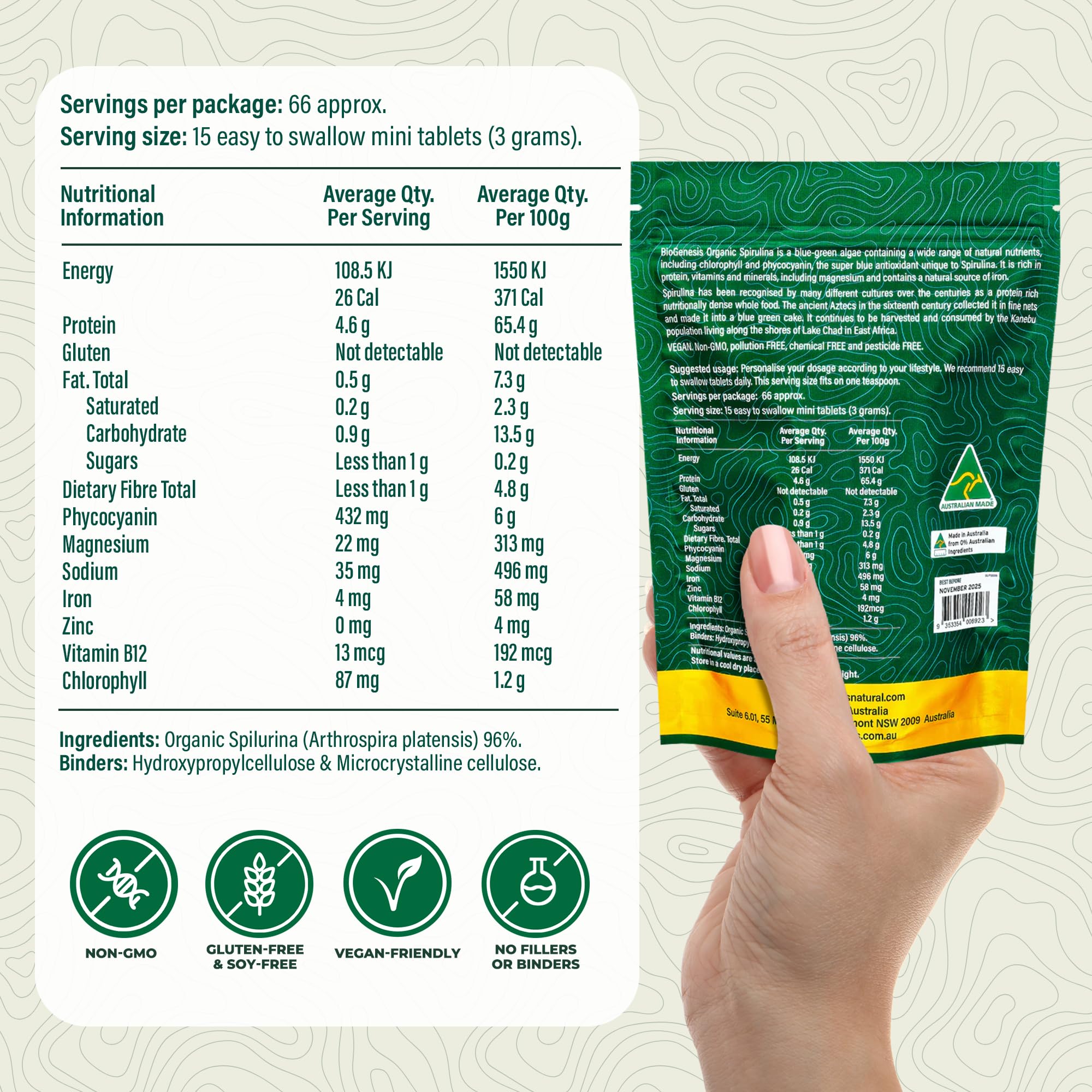 Biogenesis Spirulina Mini Tabletas primer plano de tableta para claridad de ingredientes