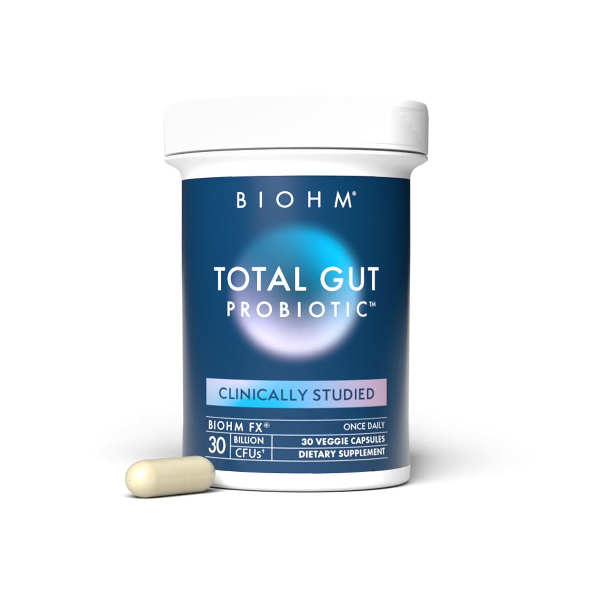 BIOHM Probiotico Total: cápsula diaria para equilibrio digestivo y bienestar estomacal.